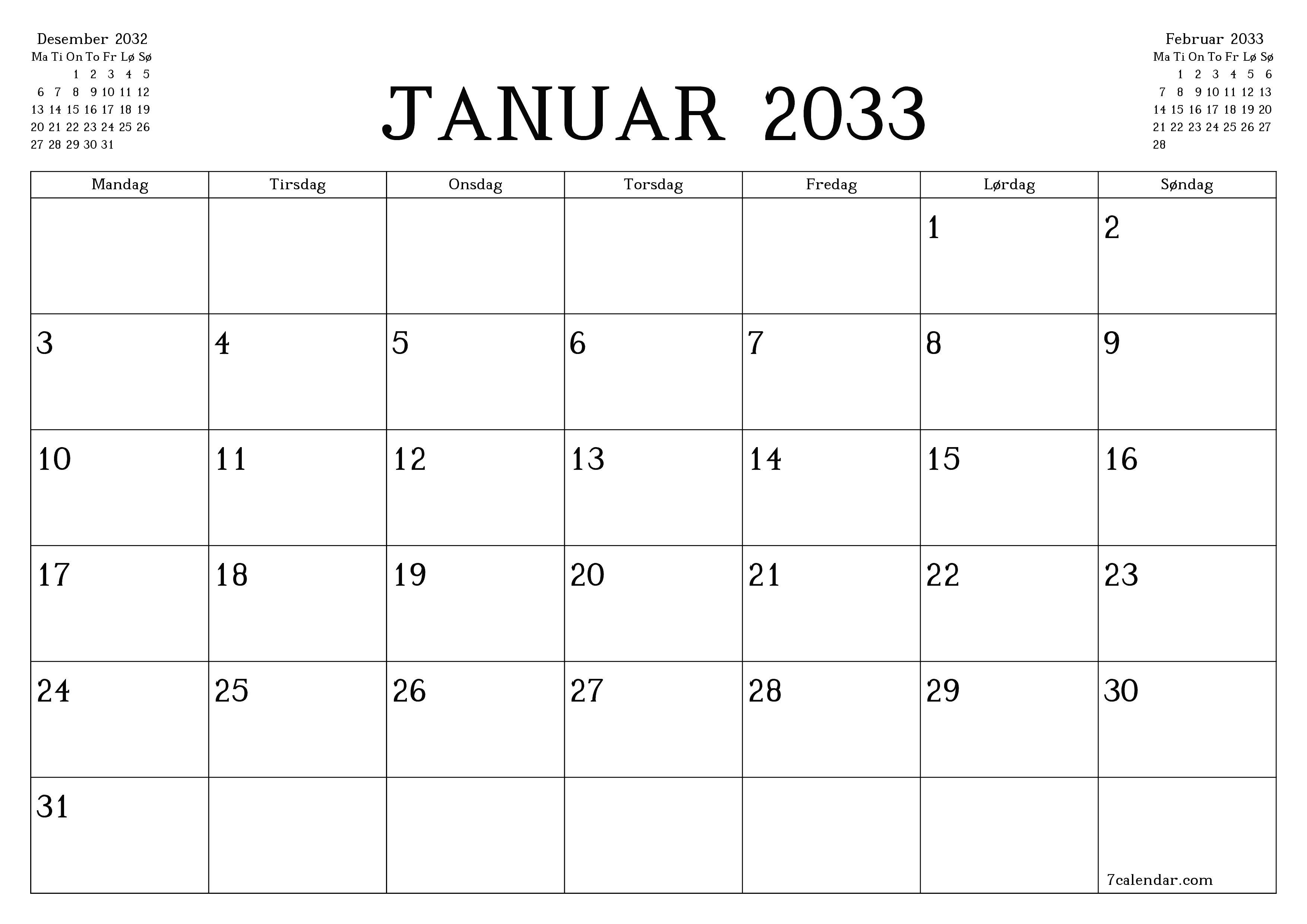 Tom månedlig planlegger for måned Januar 2033 med notater, lagre og skriv ut til PDF PNG Norwegian