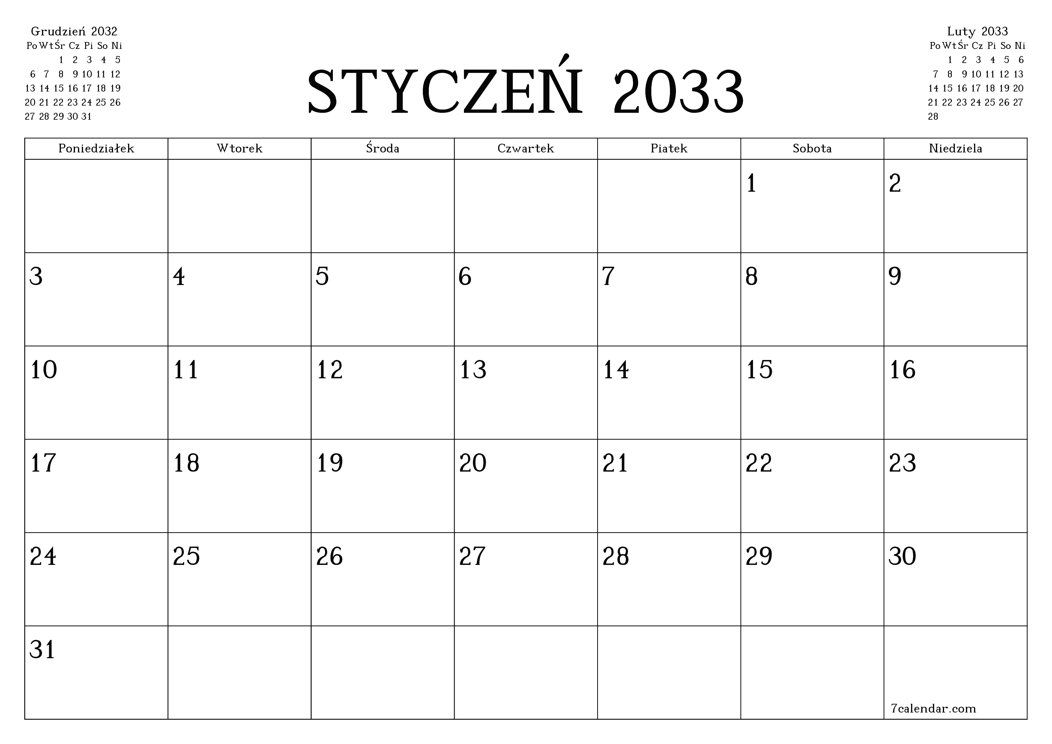 Opróżnij miesięczny planer na miesiąc Styczeń 2033 z notatkami, zapisz i wydrukuj w formacie PDF PNG Polish