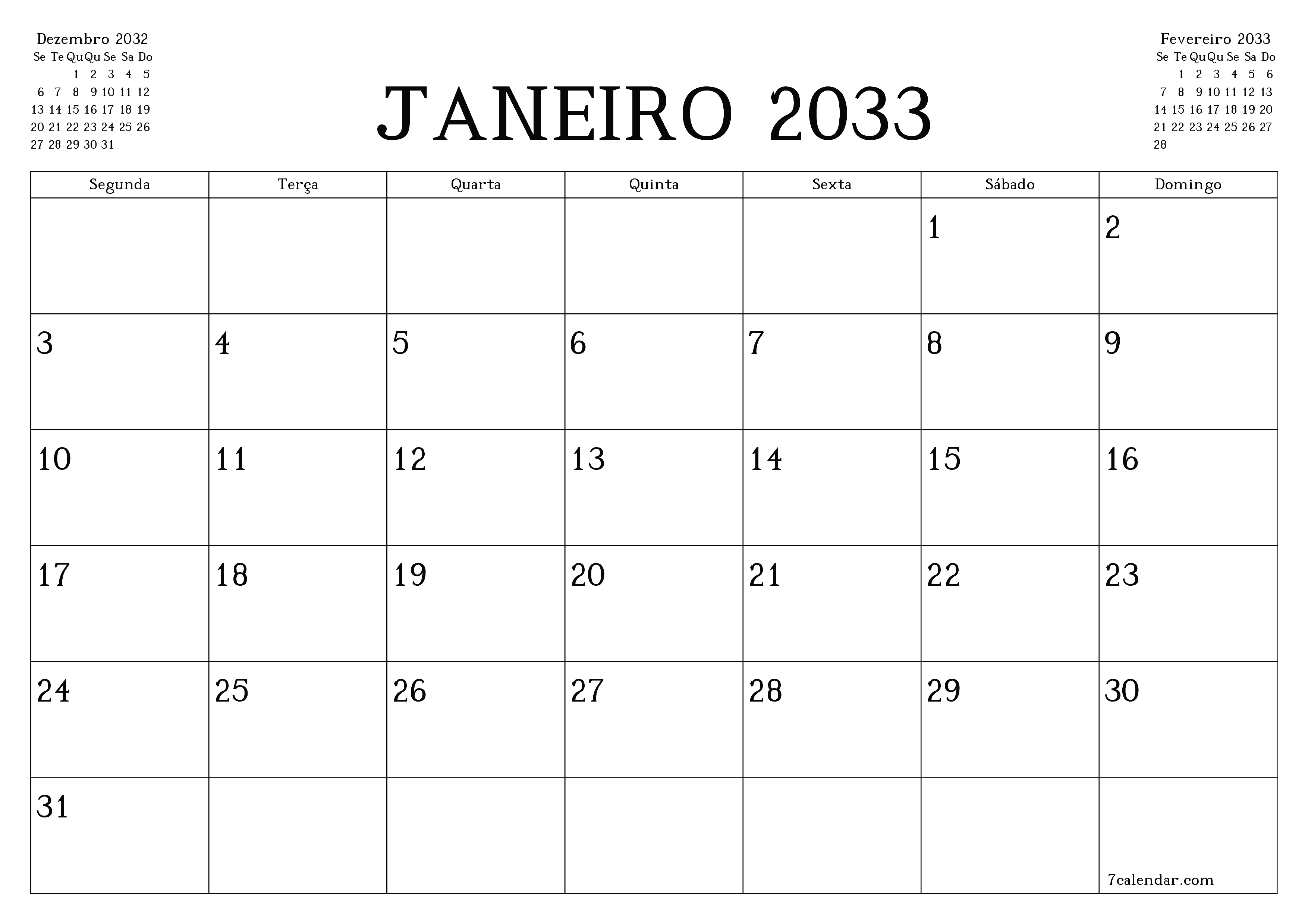 Esvazie o planejador mensal para o mês Janeiro 2033 com notas, salve e imprima em PDF PNG Portuguese