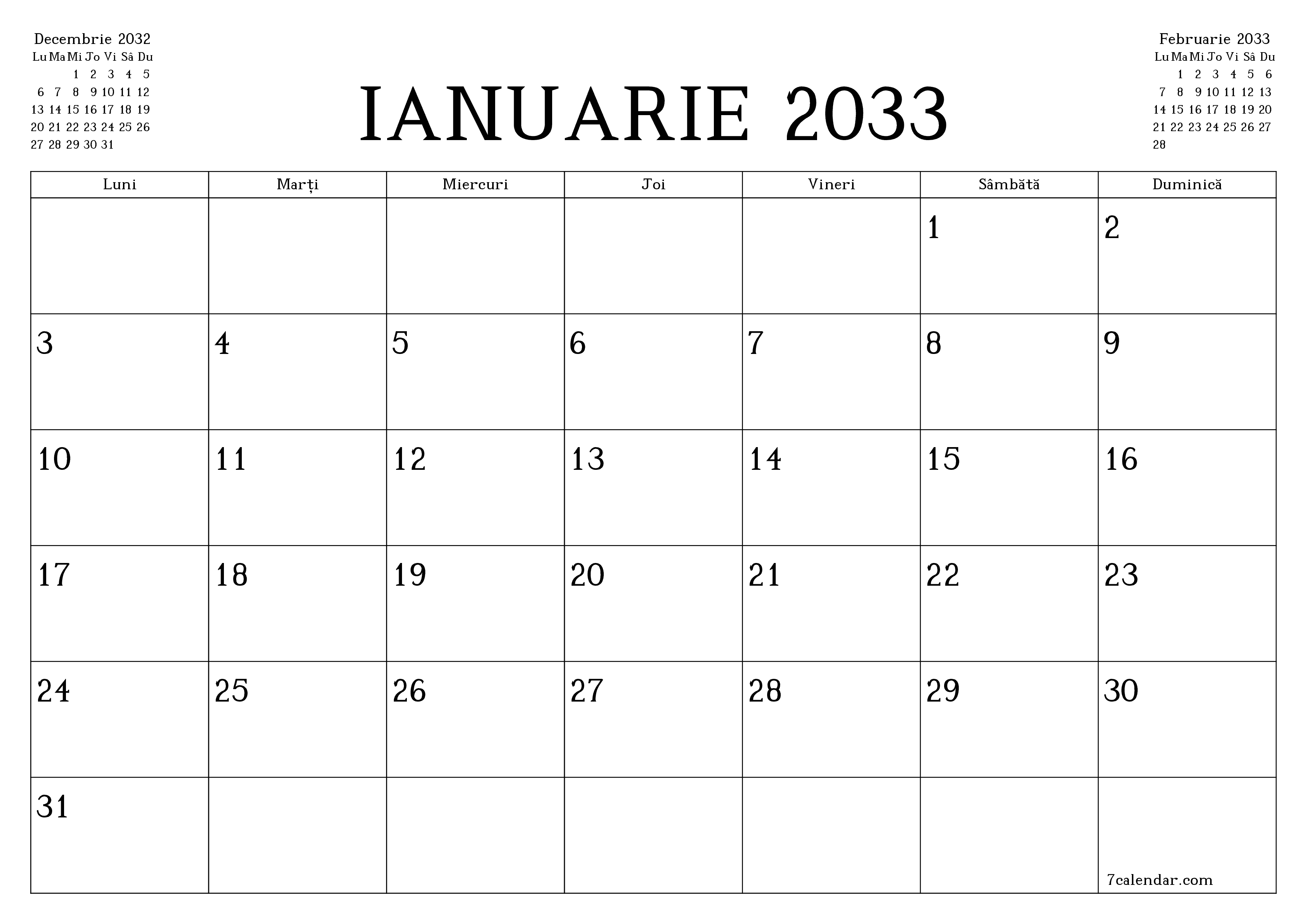 Planificator lunar gol pentru luna Ianuarie 2033 cu note, salvați și tipăriți în PDF PNG Romanian