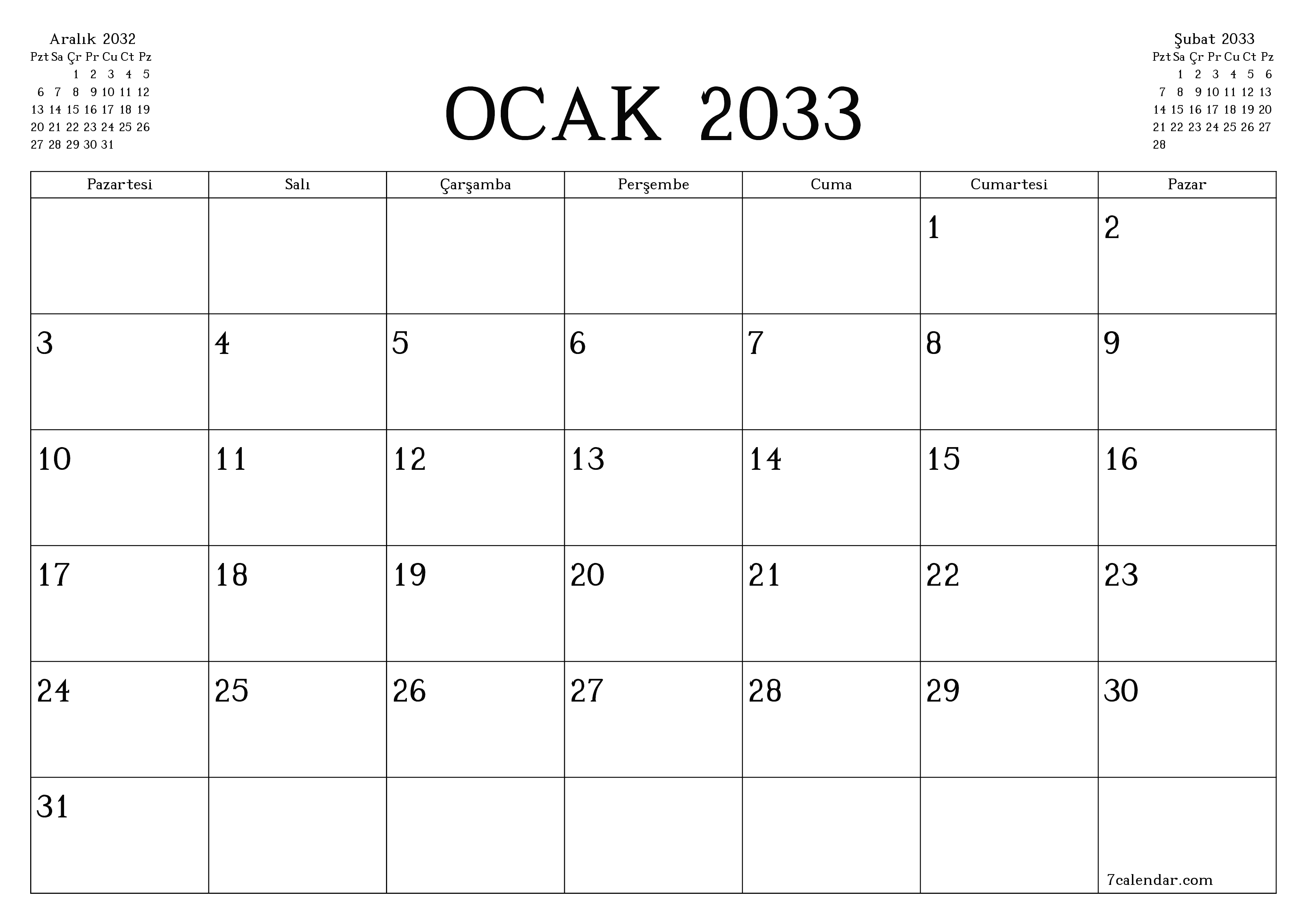 Ocak 2033 ayı için notlarla birlikte boş aylık planlayıcı, kaydedin ve PDF'ye yazdırın PNG Turkish