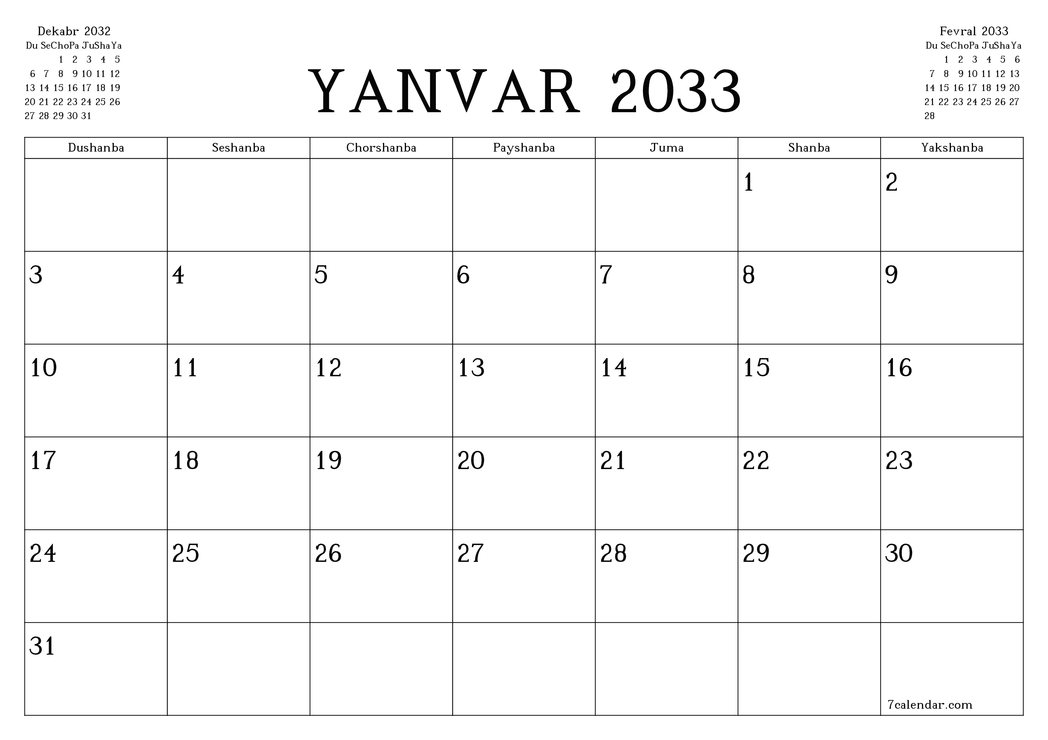 Yanvar 2033 oylik oylik rejalashtiruvchini yozuvlar bilan bo'shatish, saqlash va PDF-ga chop etish PNG Uzbek