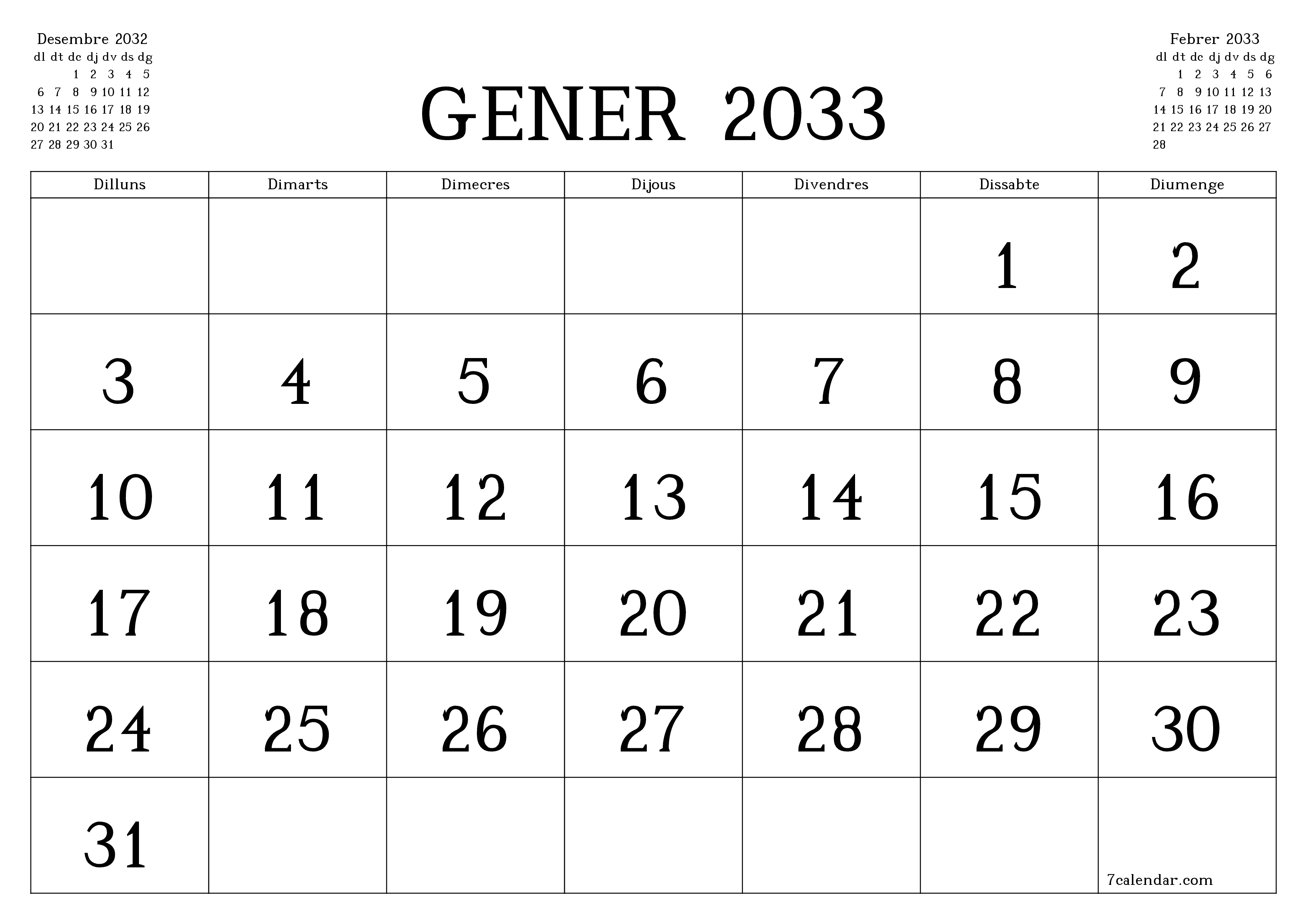 Planificador mensual buit del mes Gener 2033 amb notes, deseu-lo i imprimiu-lo en format PDF PNG Catalan