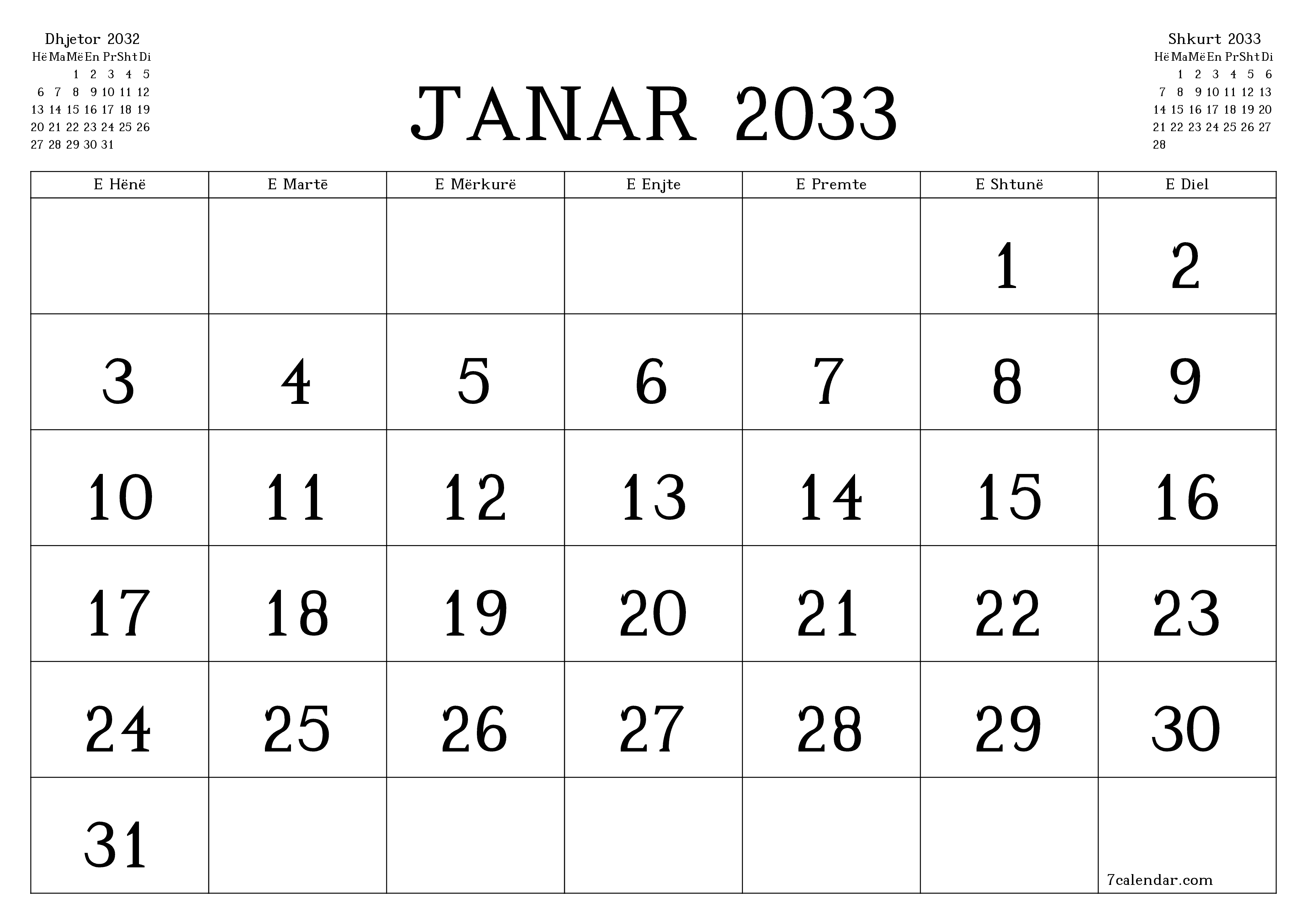 Planifikuesi i zbrazët i kalendarit mujor për muajin Janar 2033 me shënime të ruajtura dhe të printuara në PDF PNG Albanian