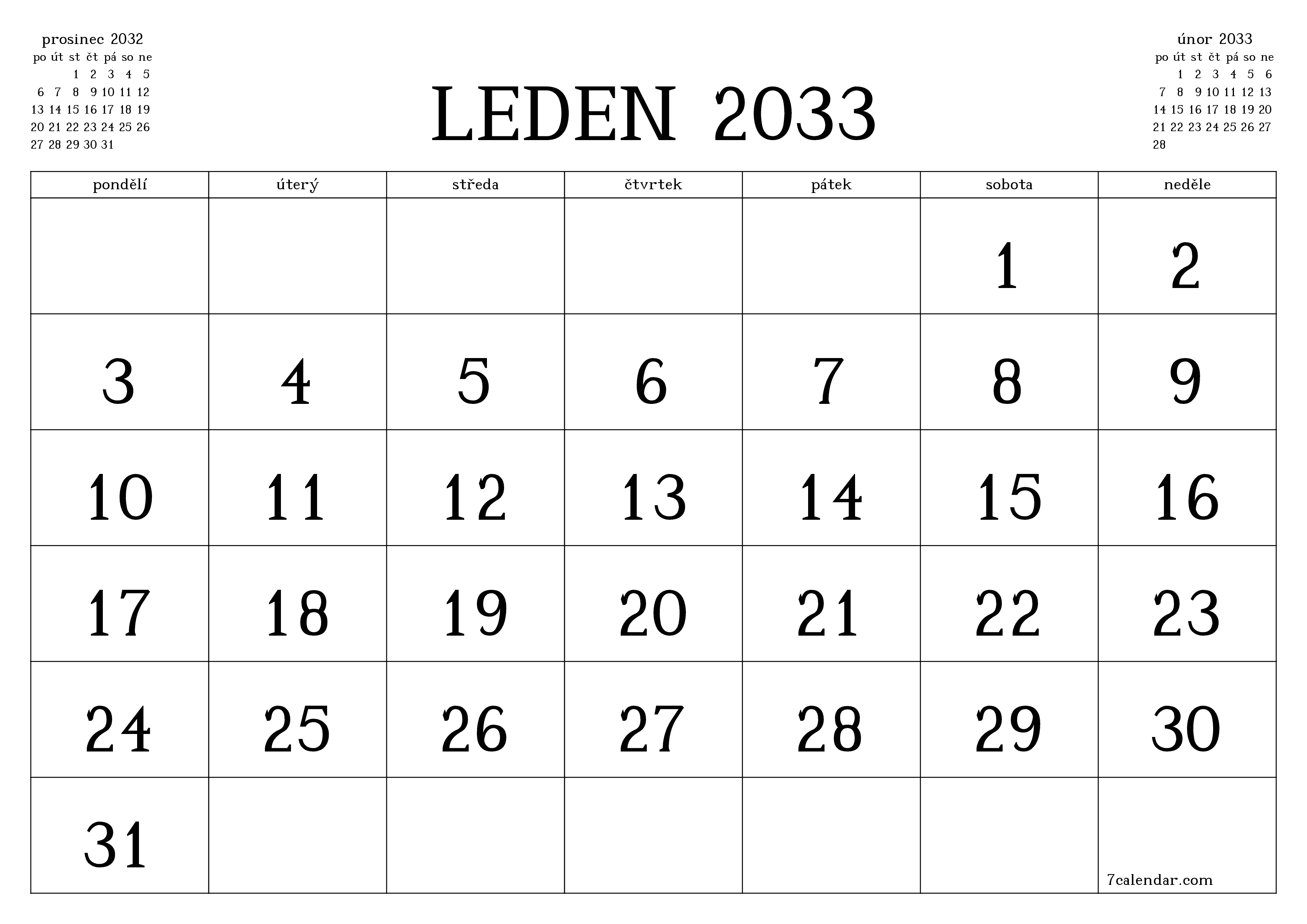 Vyprázdnit měsíční plánovač na měsíc leden 2033 s poznámkami, uložit a vytisknout do PDF PNG Czech