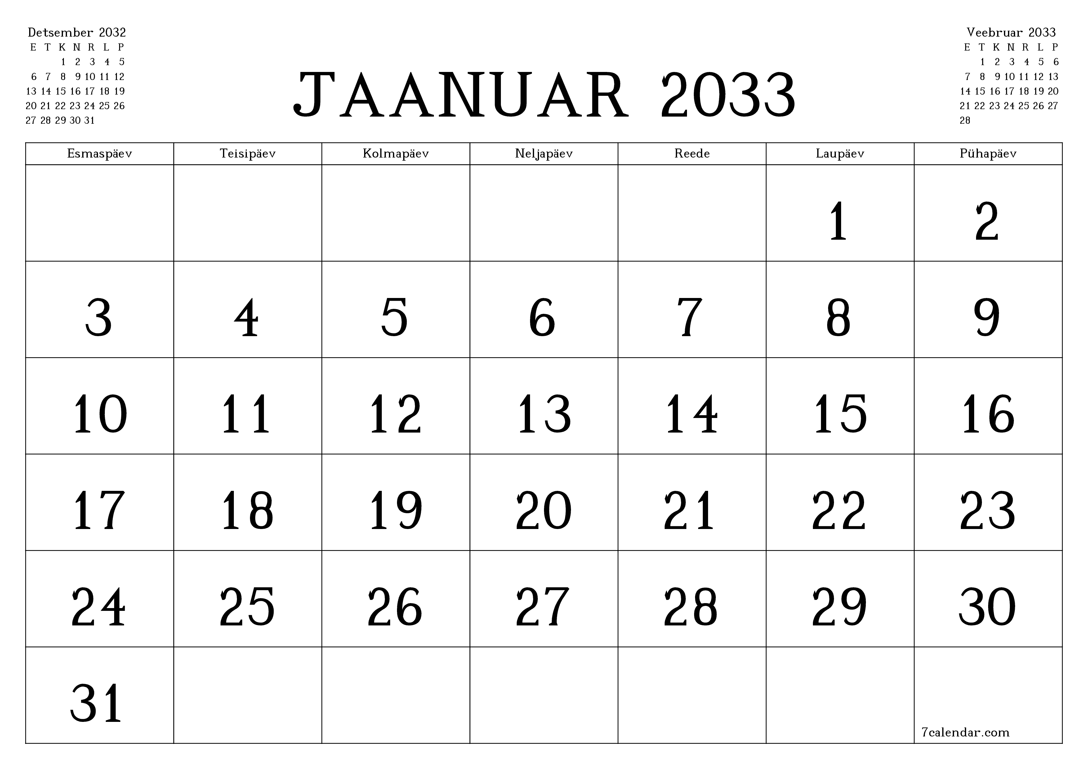 Tühjendage kuu Jaanuar 2033 kuuplaneerija märkmetega, salvestage ja printige PDF-i PNG Estonian