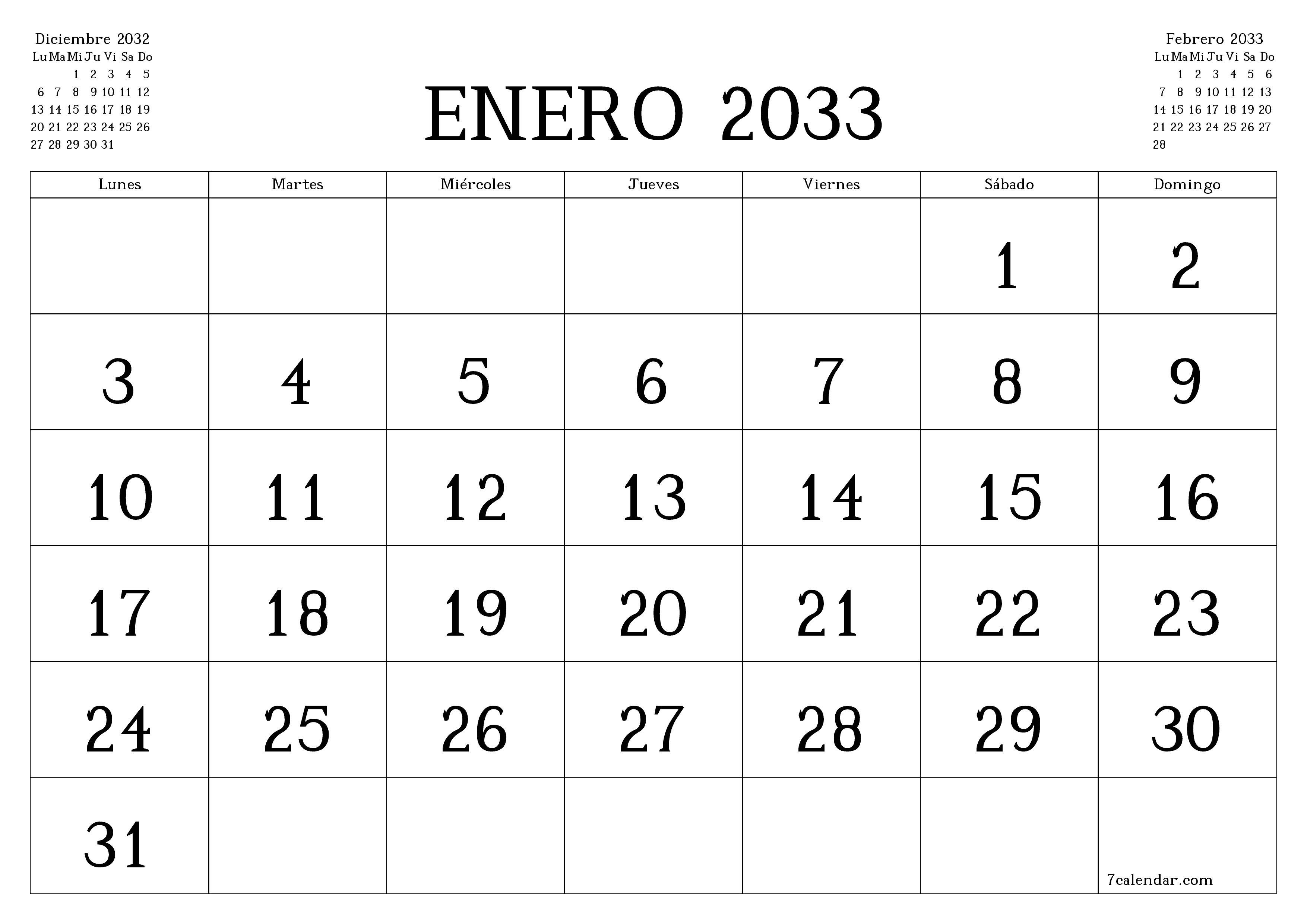 Planificador mensual vacío para el mes Enero 2033 con notas, guardar e imprimir en PDF PNG Spanish