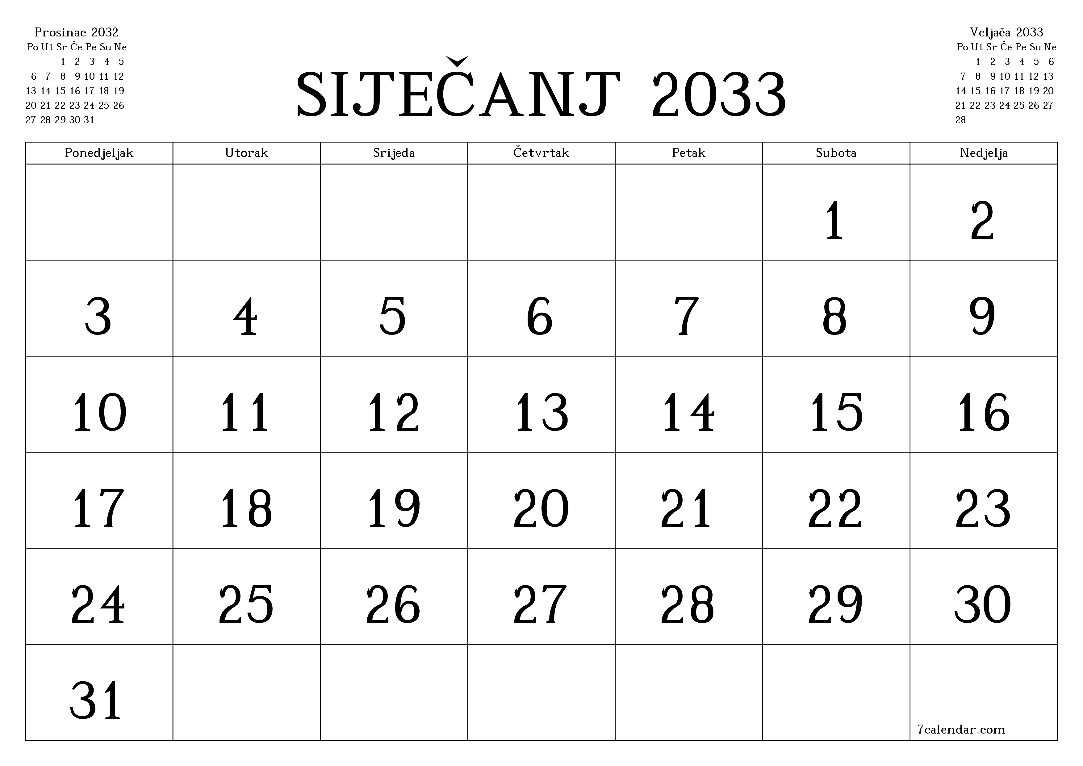 Ispraznite mjesečni planer za mjesec Siječanj 2033 s bilješkama, spremite i ispišite u PDF PNG Croatian