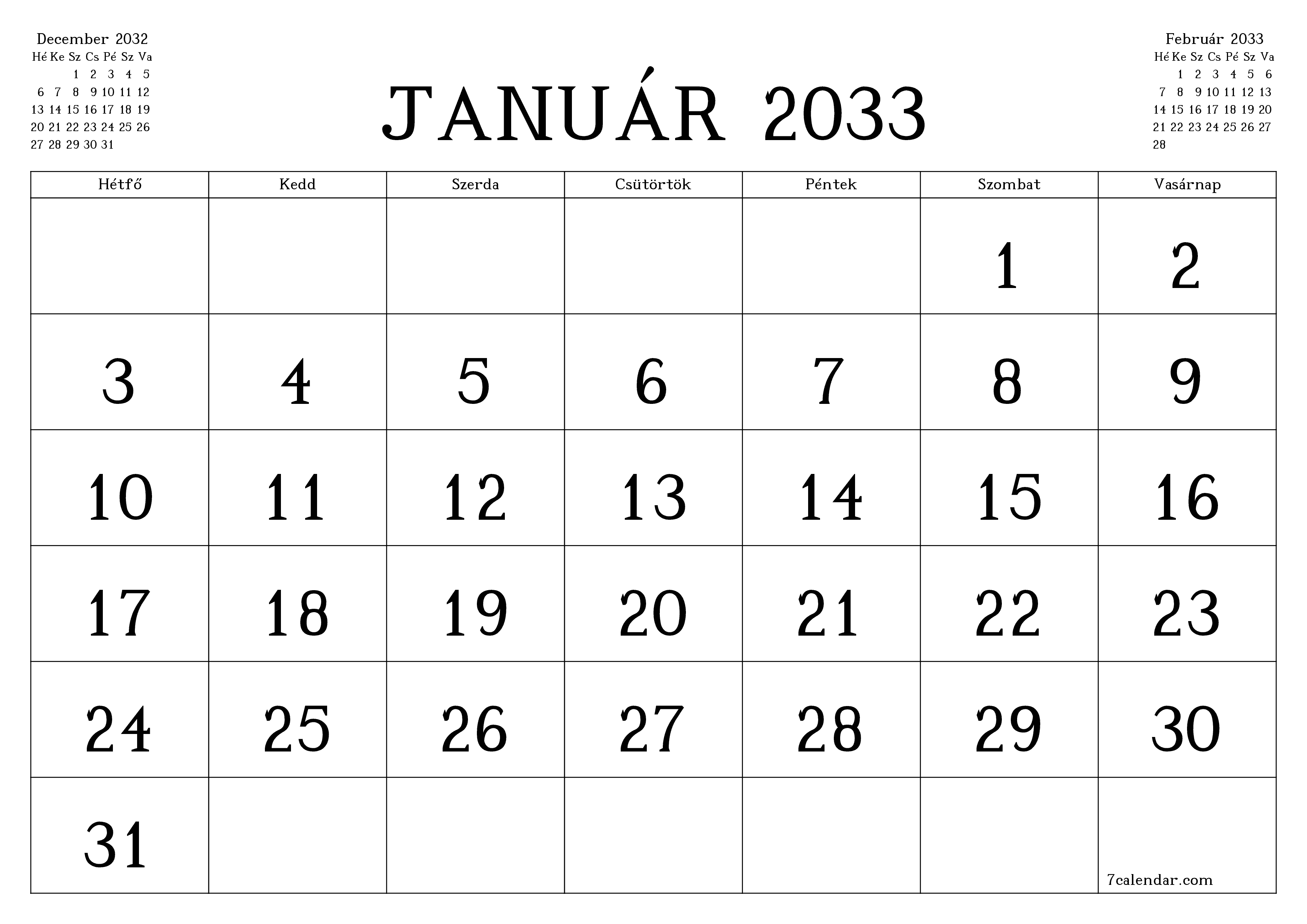 Üres havi tervező a Január 2033 hónapra jegyzetekkel, mentés és nyomtatás PDF-be PNG Hungarian