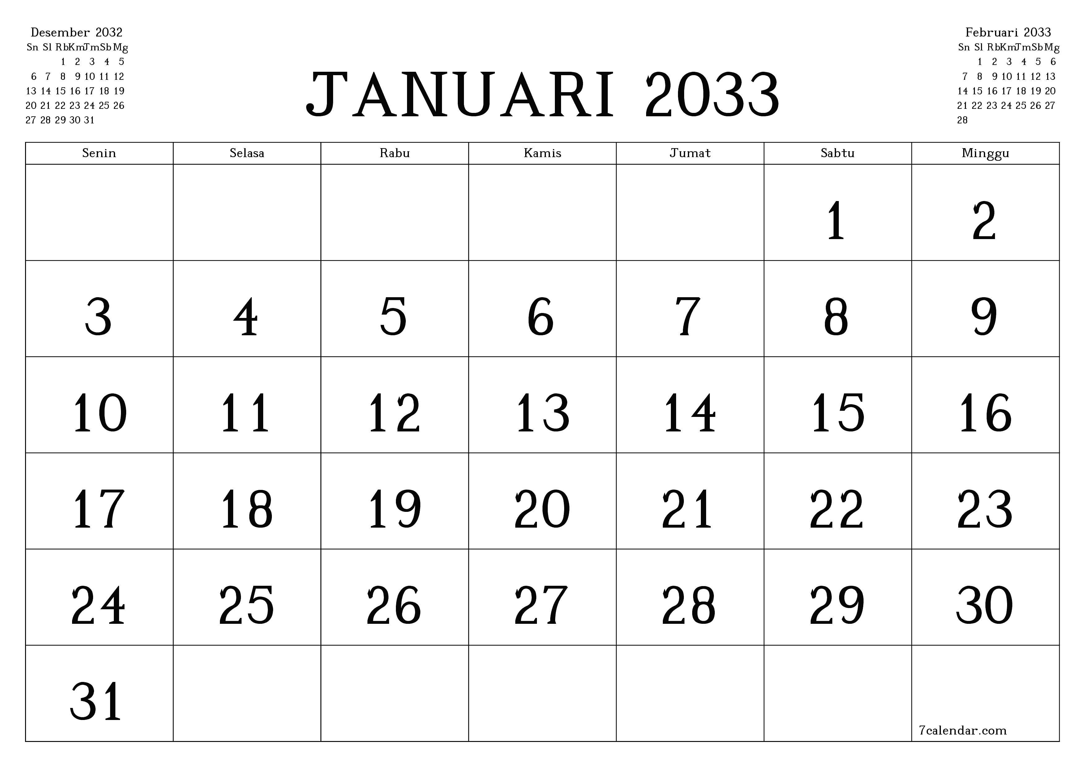 Kosongkan agenda bulanan untuk bulan Januari 2033 dengan catatan, simpan dan cetak ke PDF PNG Indonesian