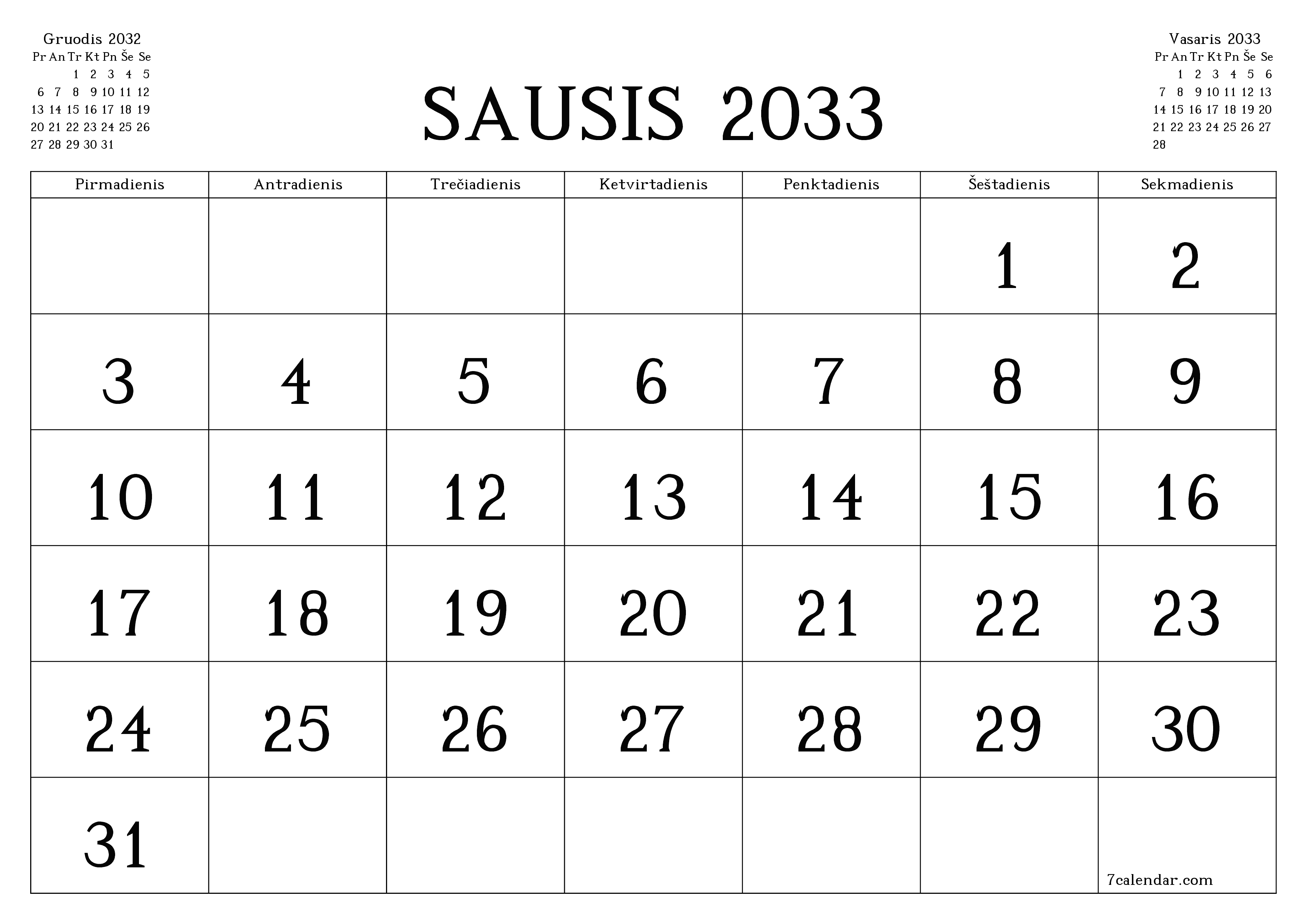 Ištuštinti mėnesio Sausis 2033 mėnesio planavimo priemonę su užrašais, išsaugoti ir atsispausdinti PDF formate PNG Lithuanian