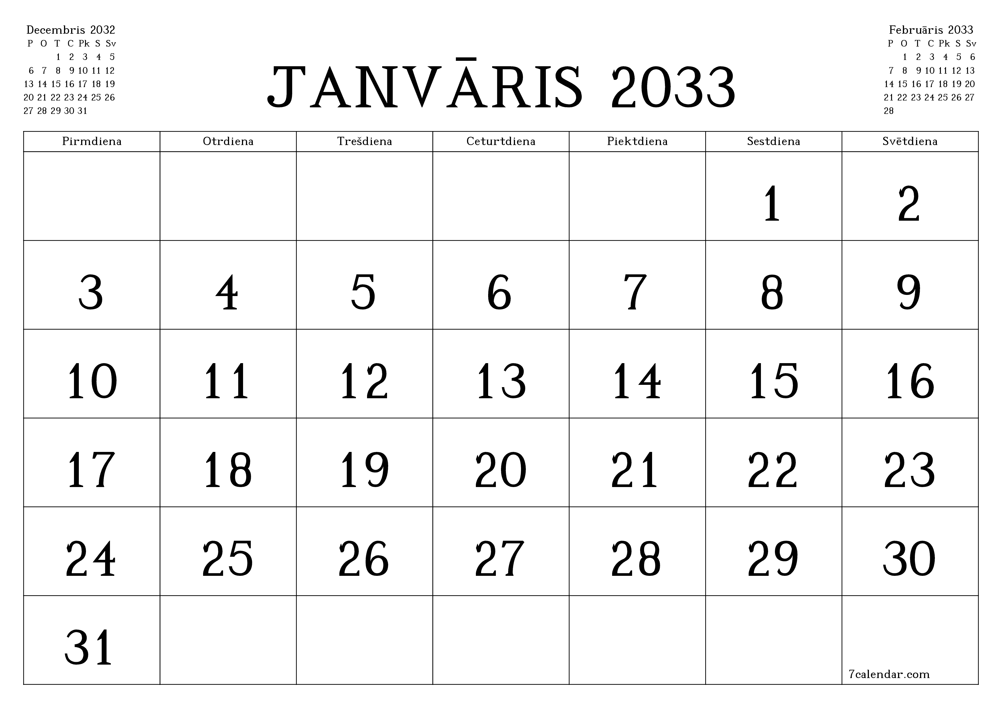 Iztukšot mēneša plānotāju mēnesim Janvāris 2033 ar piezīmēm, saglabāt un izdrukāt PDF formātā PNG Latvian