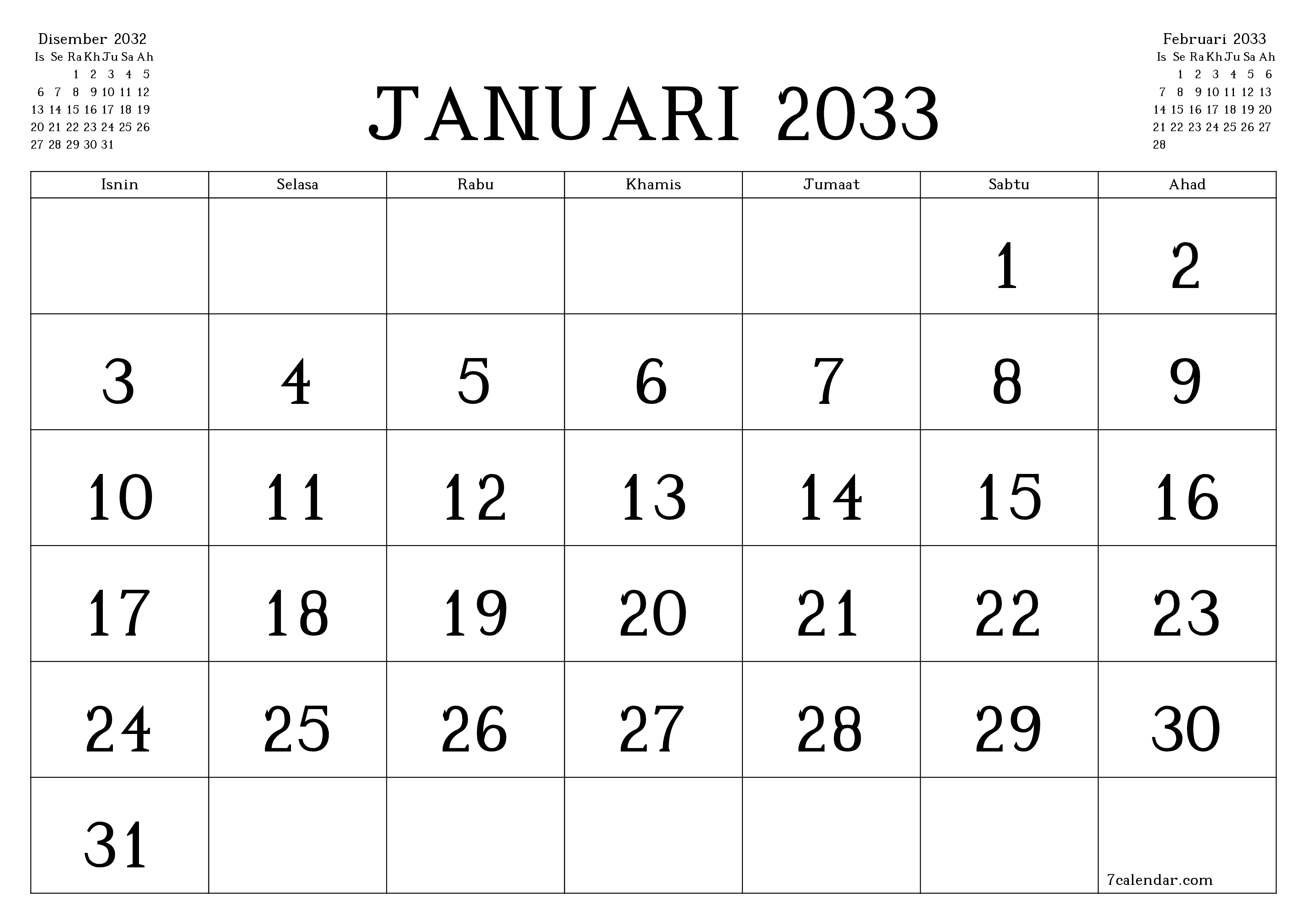 Perancang bulanan kosong untuk bulan Januari 2033 dengan nota, simpan dan cetak ke PDF PNG Malay