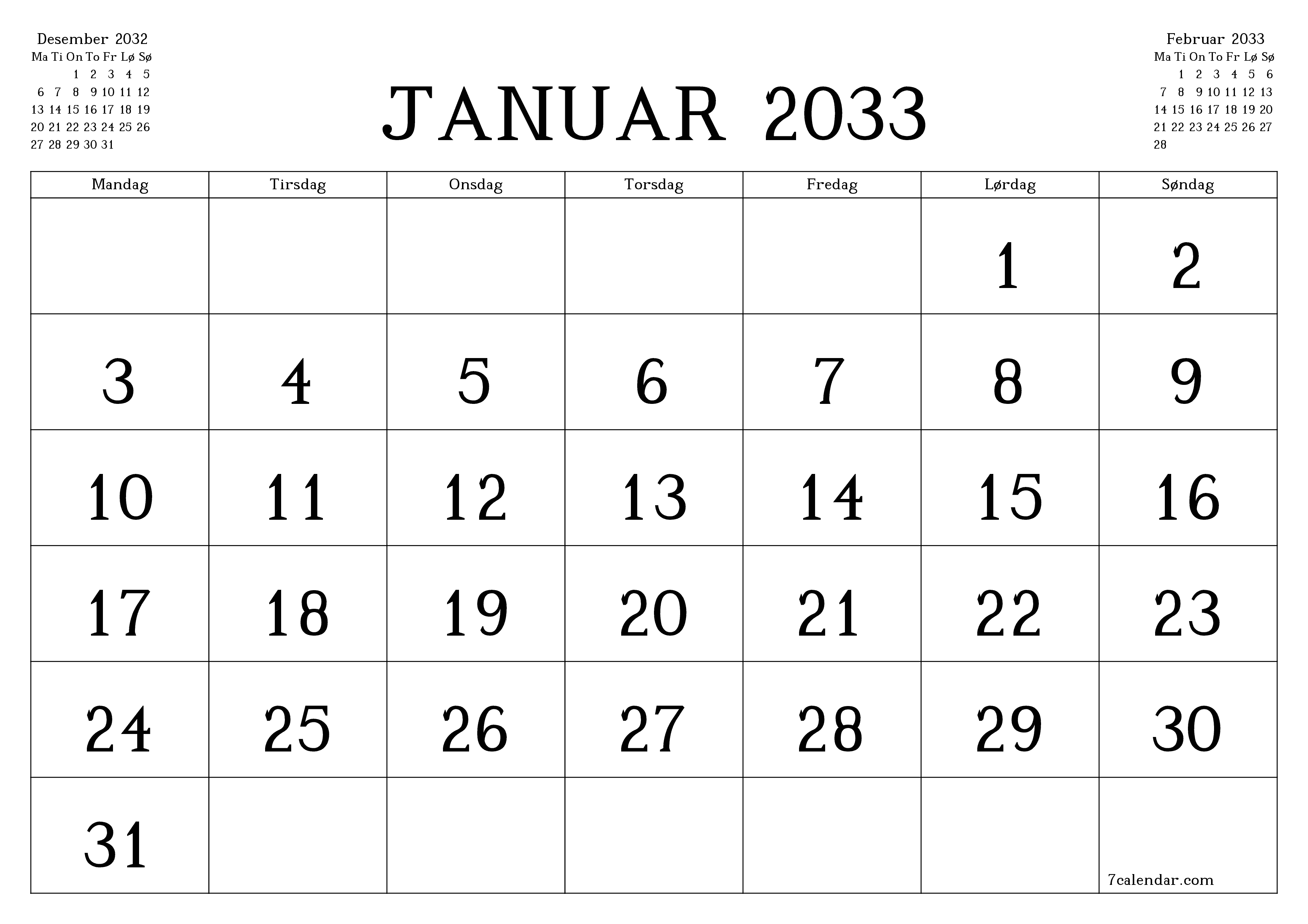 Tom månedlig planlegger for måned Januar 2033 med notater, lagre og skriv ut til PDF PNG Norwegian