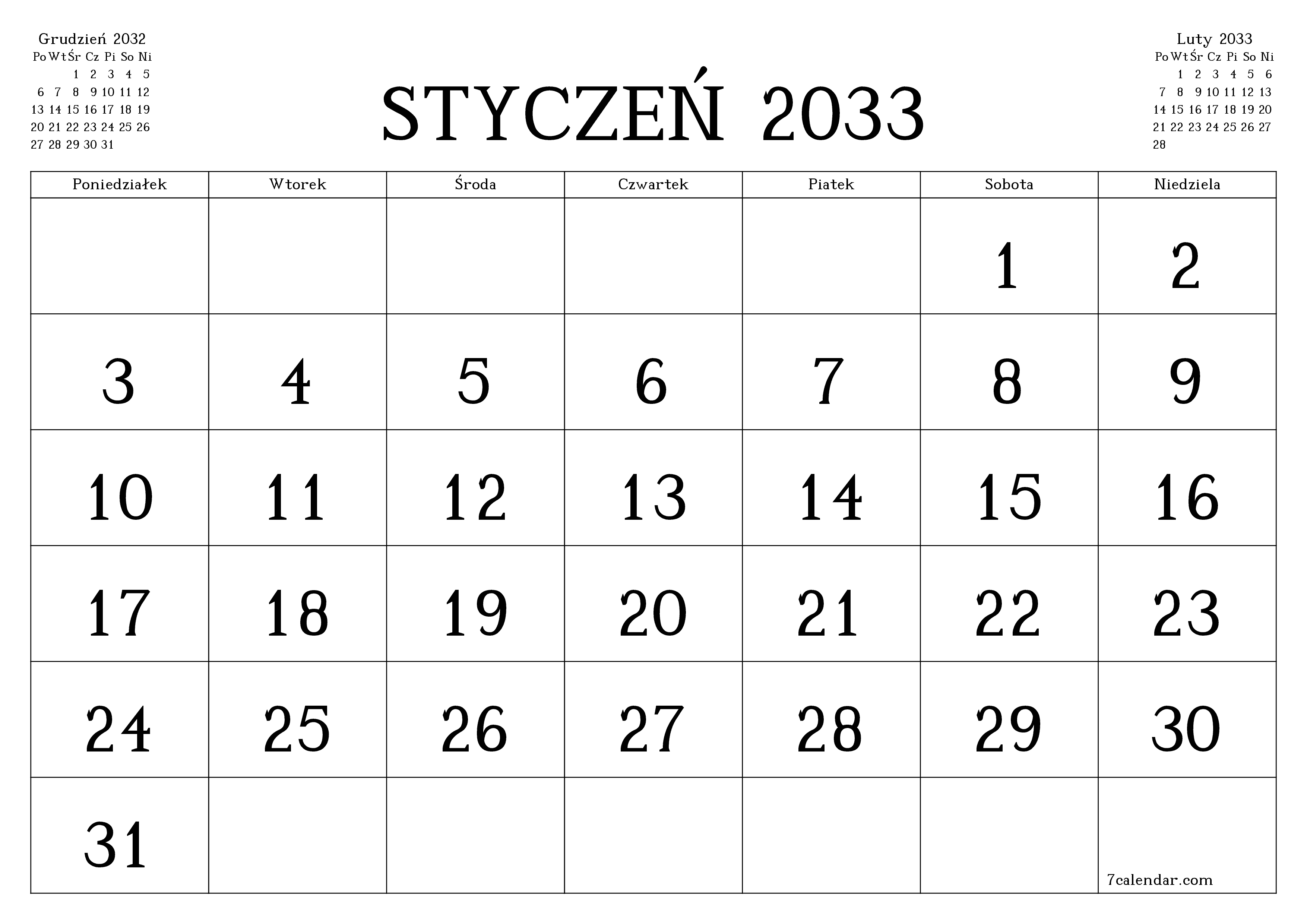 Opróżnij miesięczny planer na miesiąc Styczeń 2033 z notatkami, zapisz i wydrukuj w formacie PDF PNG Polish