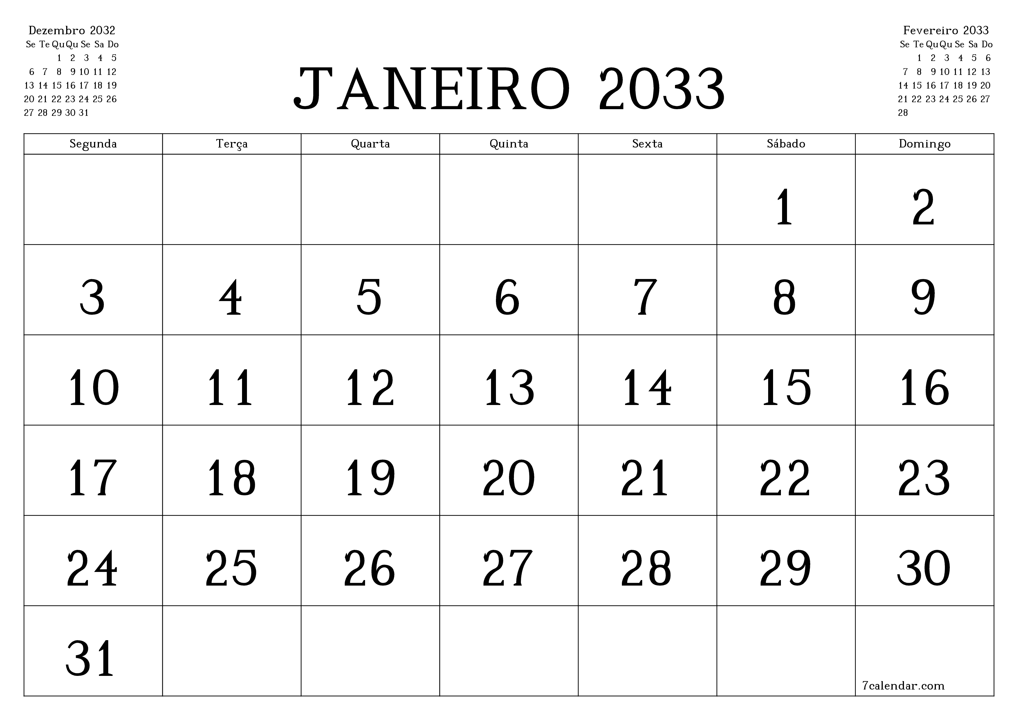 Esvazie o planejador mensal para o mês Janeiro 2033 com notas, salve e imprima em PDF PNG Portuguese