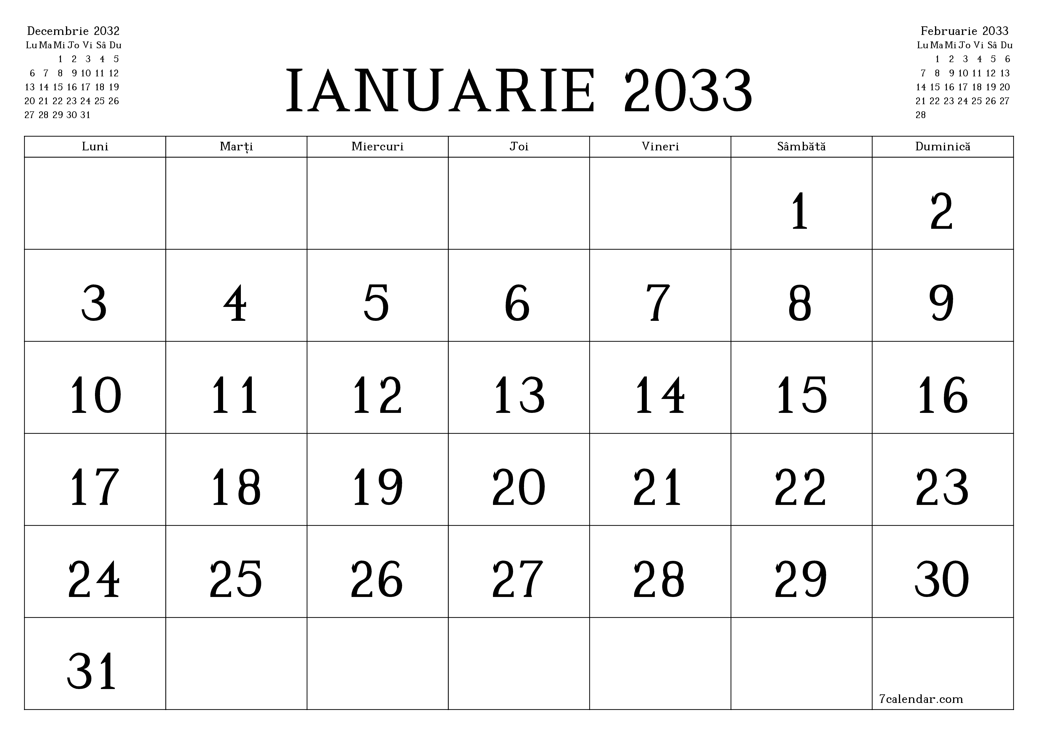 Planificator lunar gol pentru luna Ianuarie 2033 cu note, salvați și tipăriți în PDF PNG Romanian