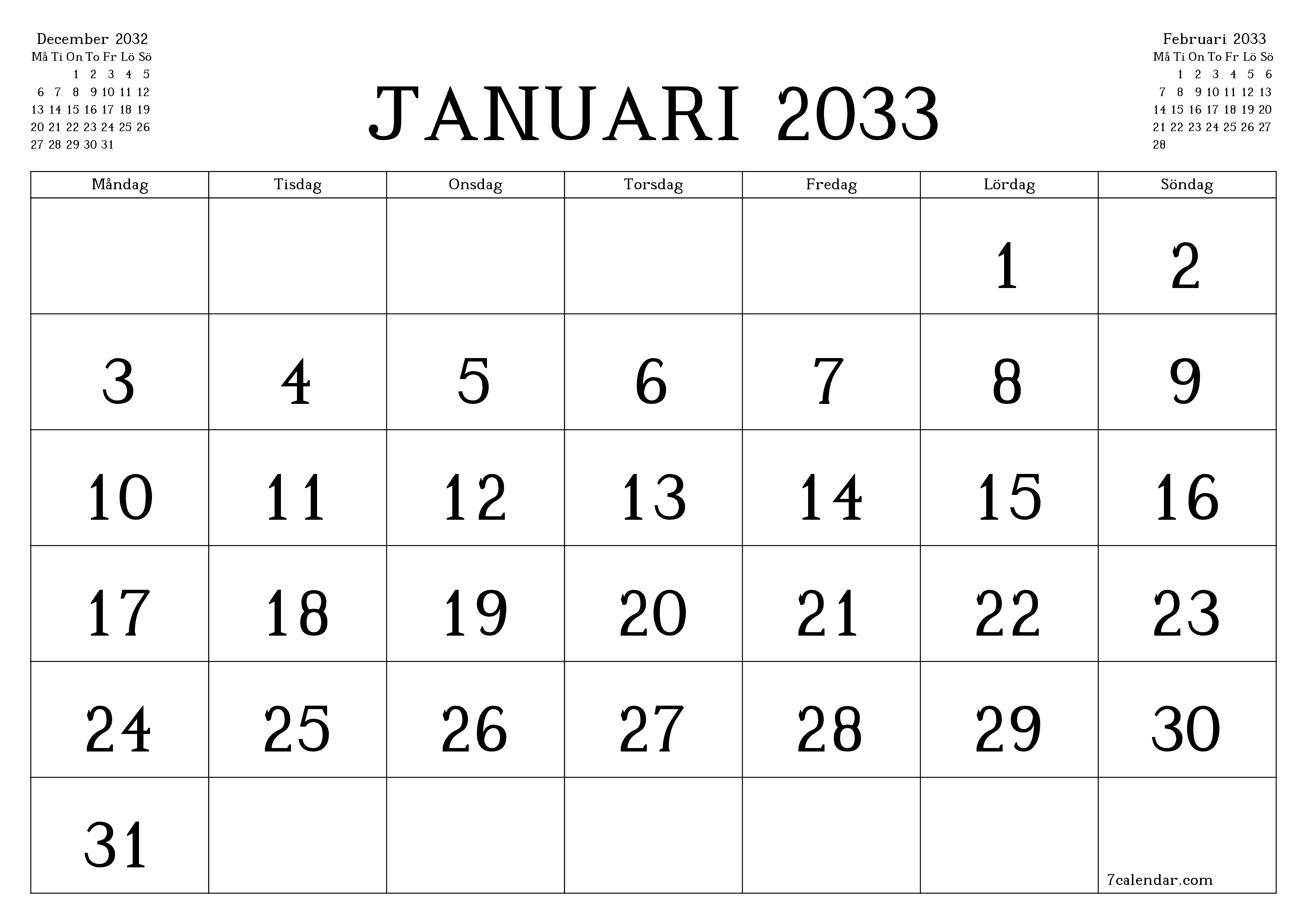 Tom månadsplanerare för månad Januari 2033 med anteckningar, spara och skriv ut till PDF PNG Swedish