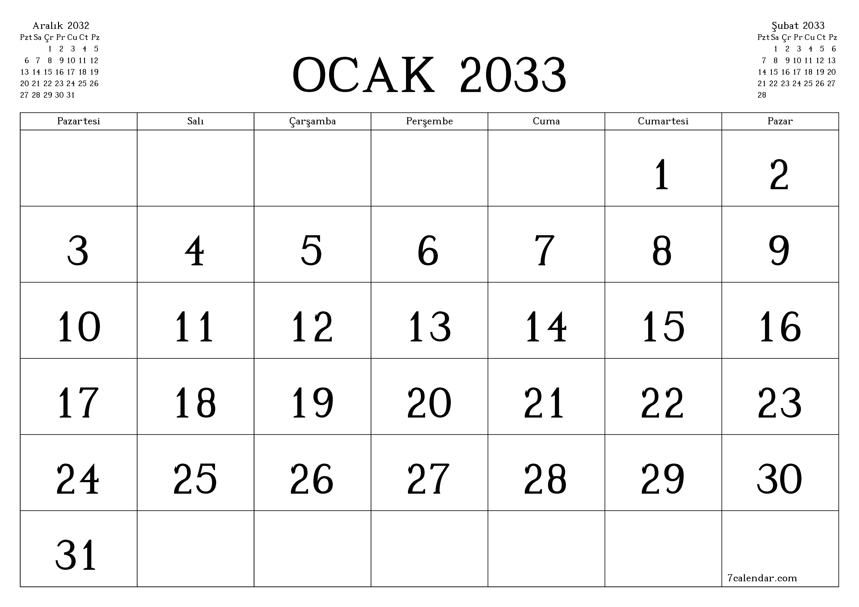 Ocak 2033 ayı için notlarla birlikte boş aylık planlayıcı, kaydedin ve PDF'ye yazdırın PNG Turkish