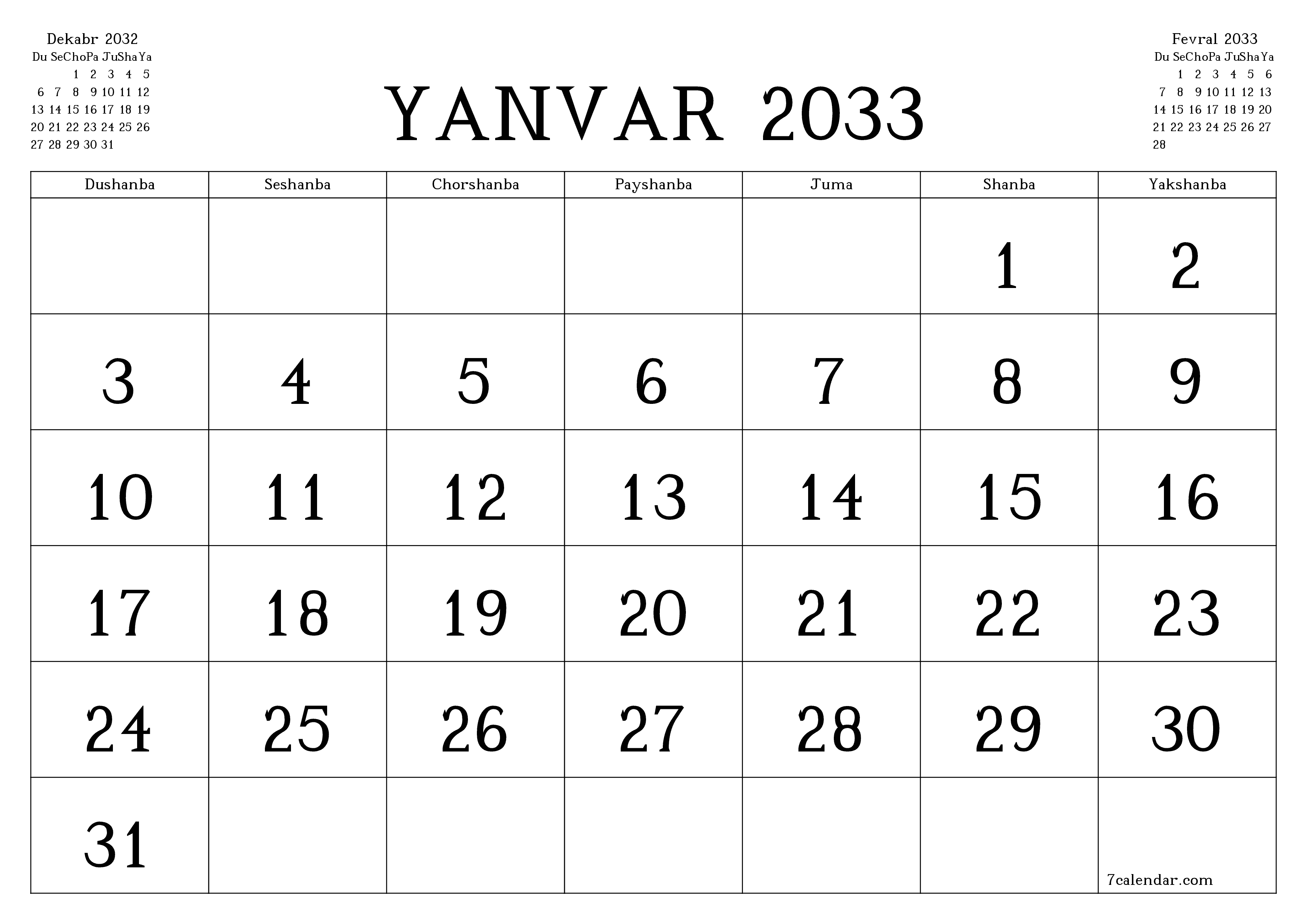 Yanvar 2033 oylik oylik rejalashtiruvchini yozuvlar bilan bo'shatish, saqlash va PDF-ga chop etish PNG Uzbek