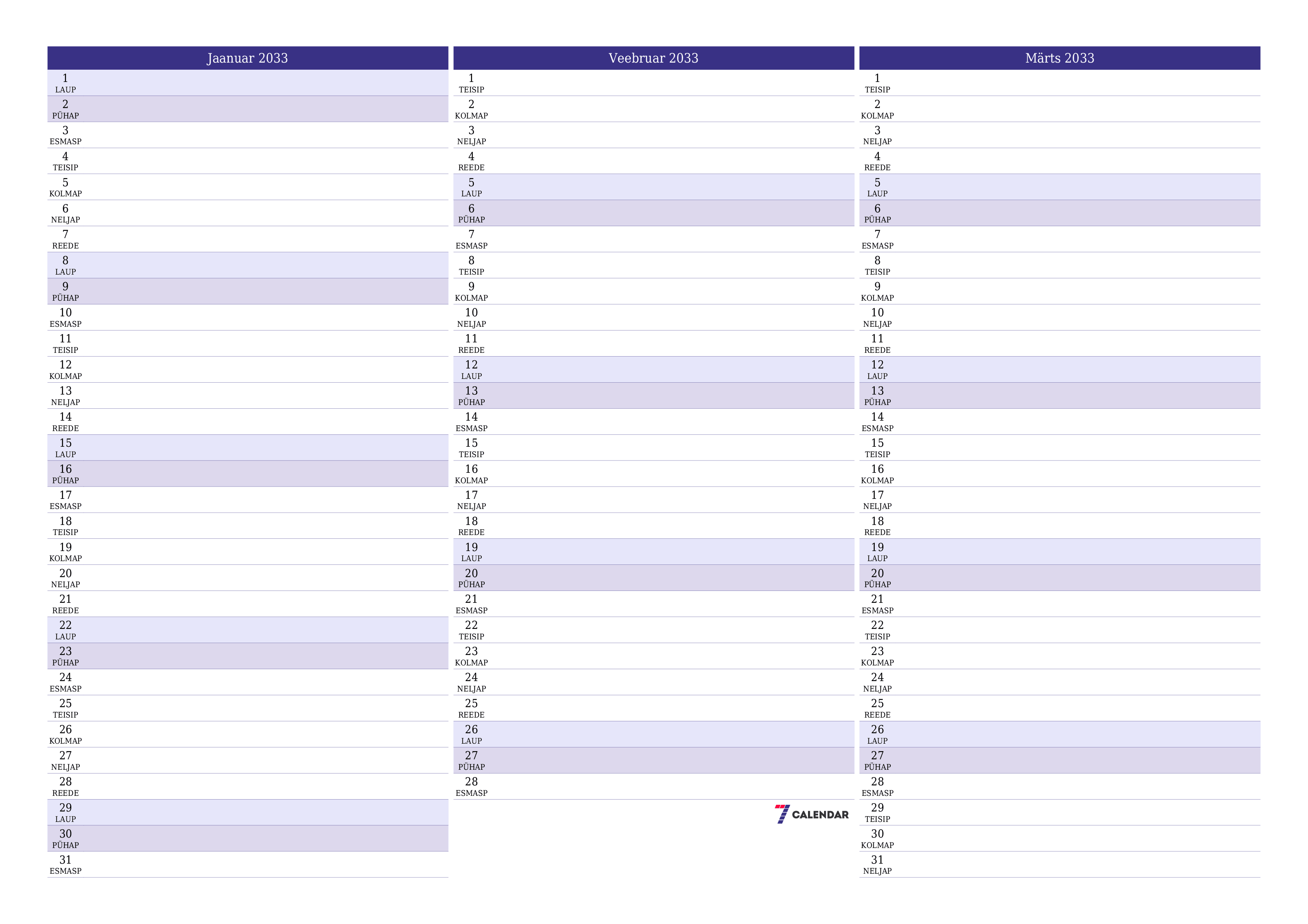 Tühjendage kuu Jaanuar 2033 kuuplaneerija märkmetega, salvestage ja printige PDF-i PNG Estonian