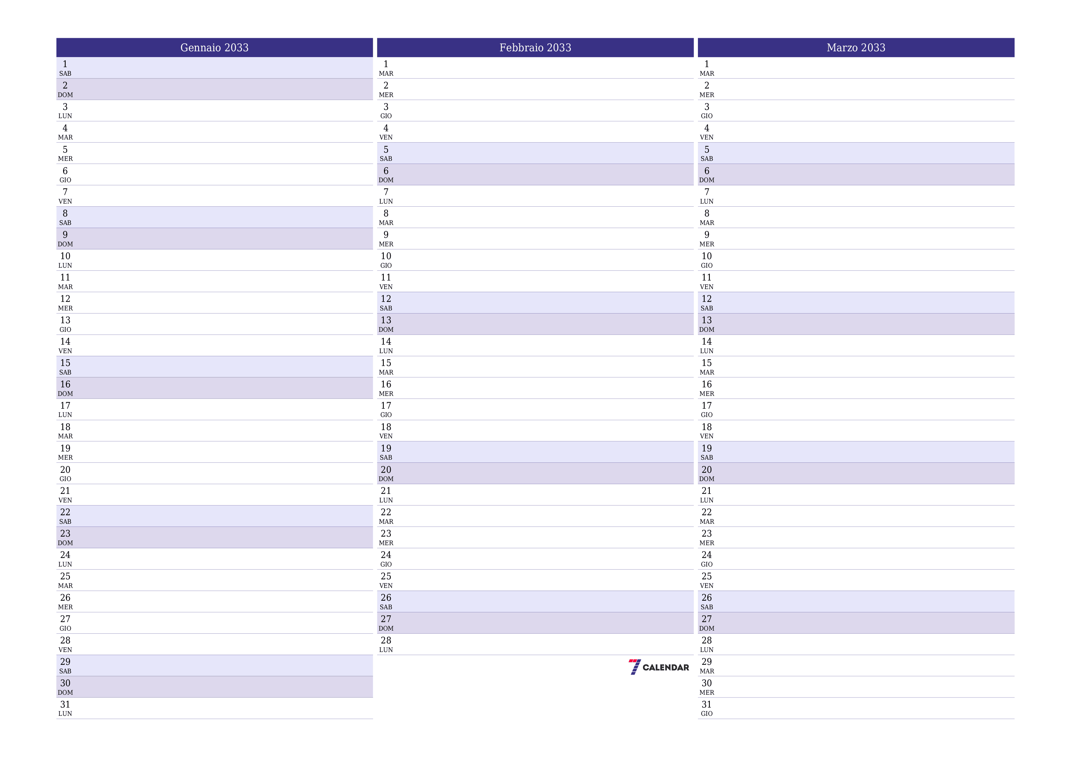 Pianificatore mensile vuoto per il mese Gennaio 2033 con note, salva e stampa in PDF PNG Italian