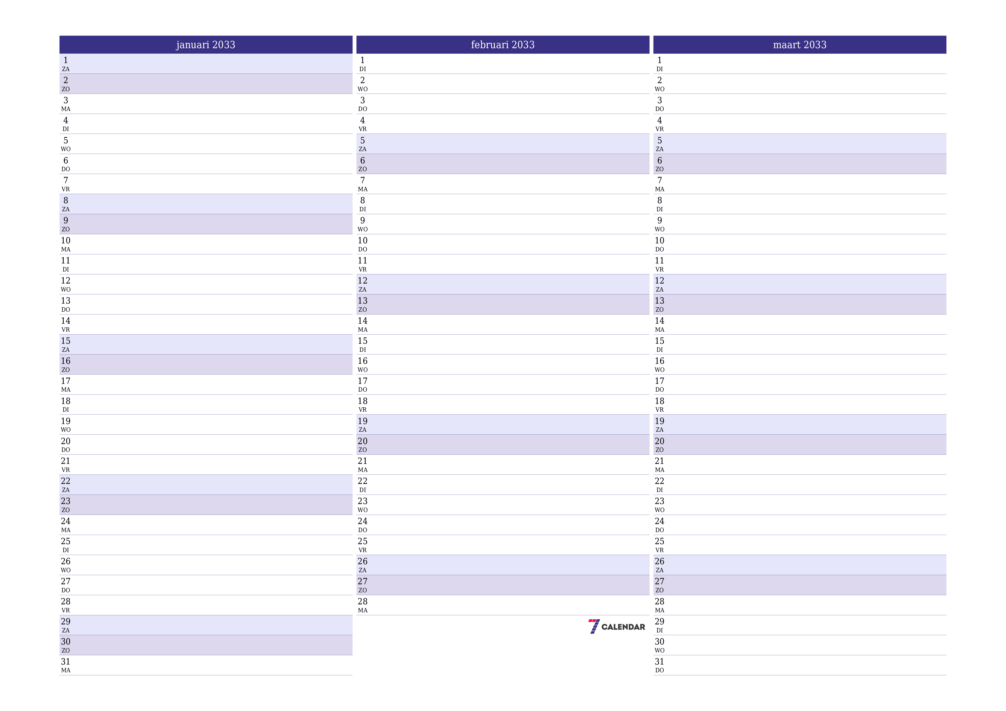 Lege maandplanner voor maand januari 2033 met notities, opslaan en afdrukken naar pdf PNG Dutch