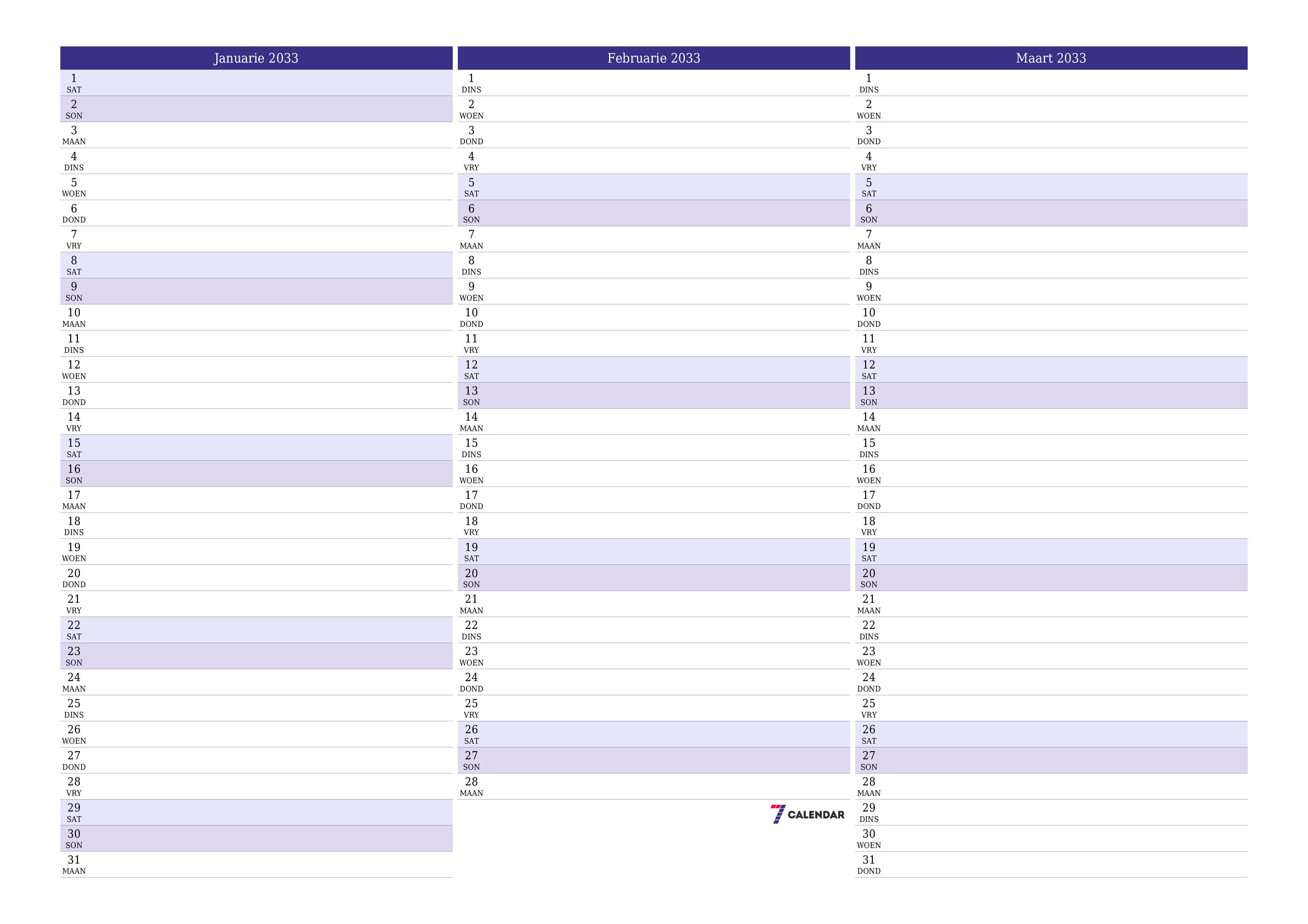 Leë maandelikse drukbare kalender en beplanner vir maand Januarie 2033 met notas stoor en druk na PDF PNG Afrikaans
