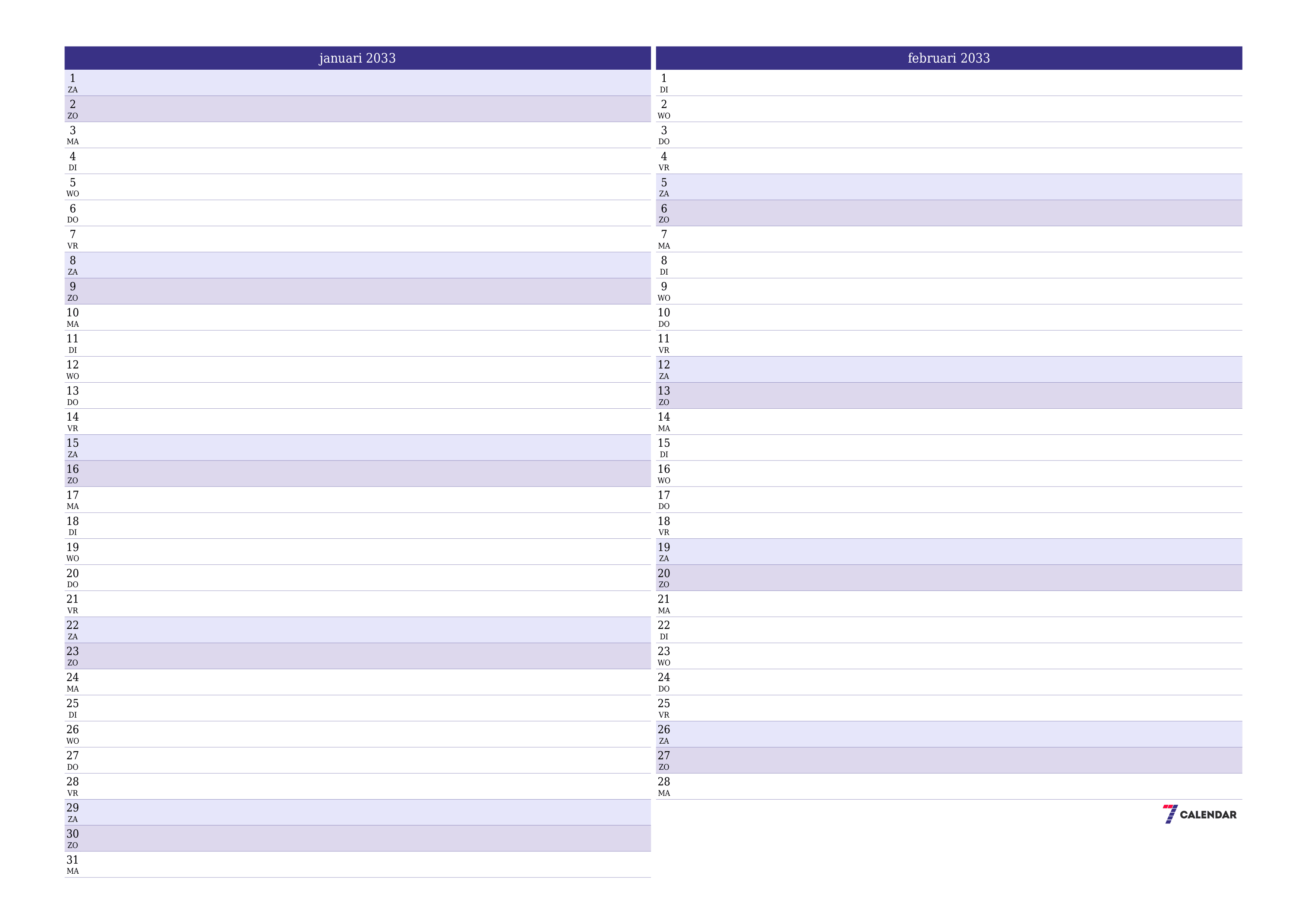 Lege maandplanner voor maand januari 2033 met notities, opslaan en afdrukken naar pdf PNG Dutch