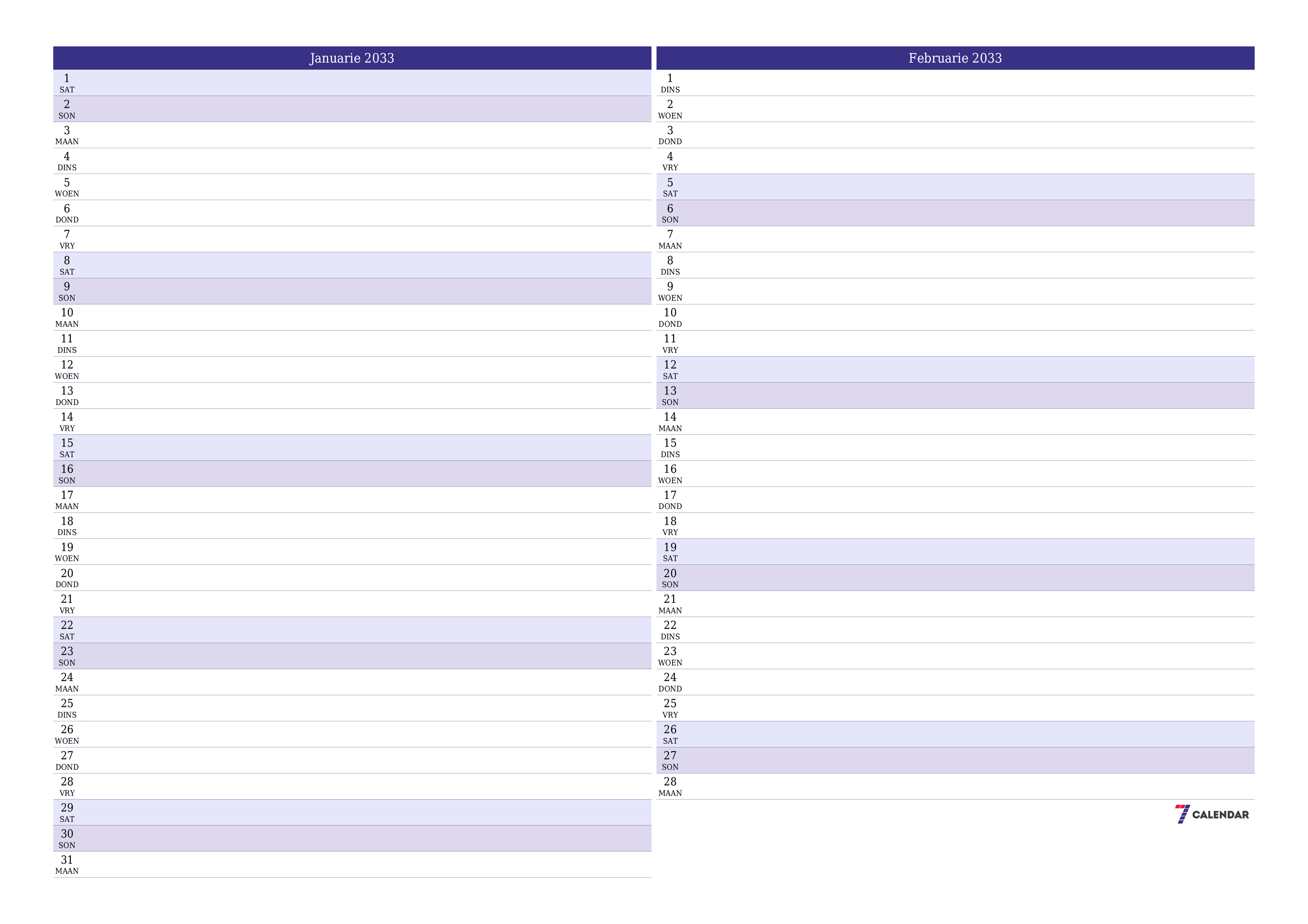 Leë maandelikse drukbare kalender en beplanner vir maand Januarie 2033 met notas stoor en druk na PDF PNG Afrikaans