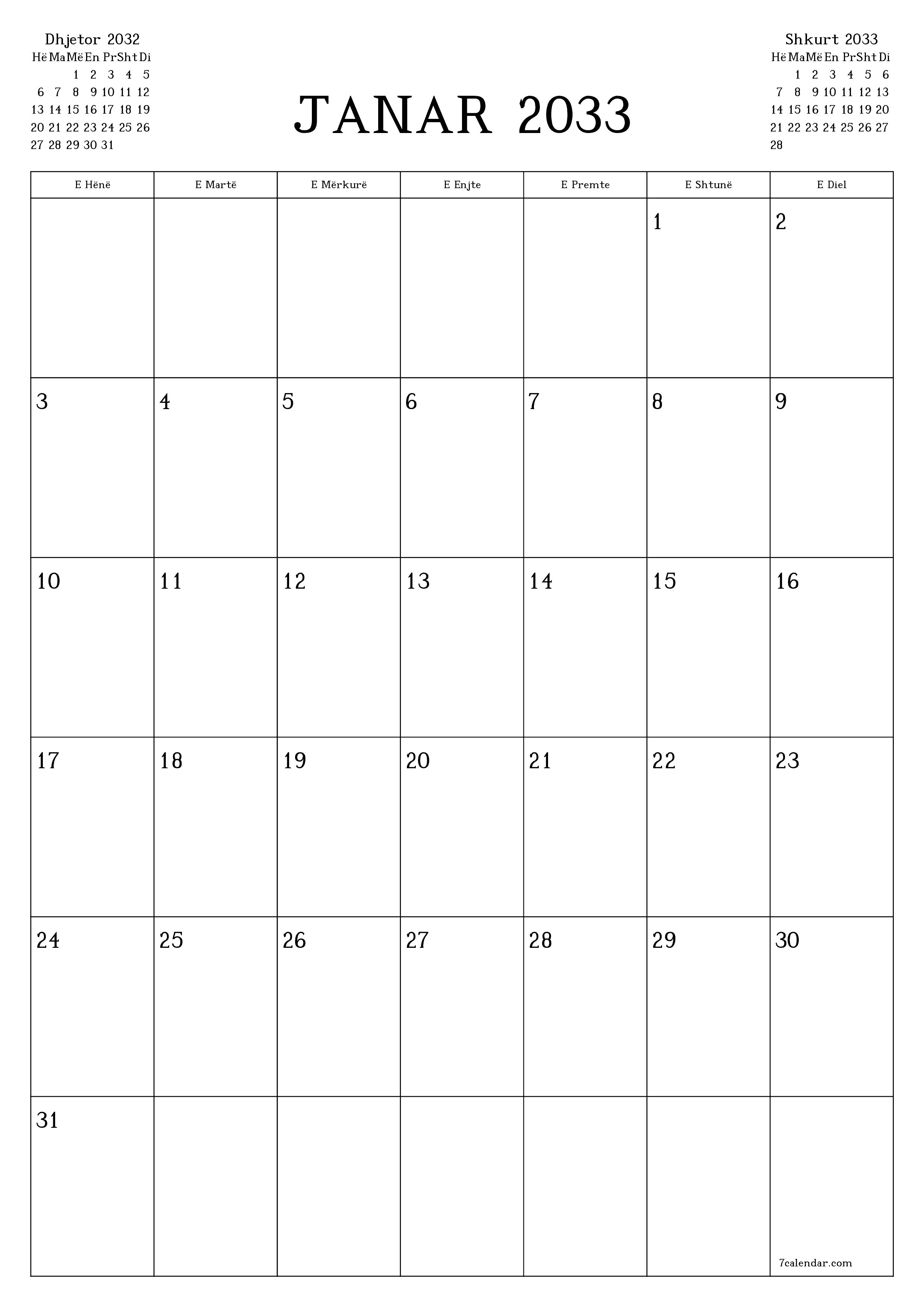  i printueshëm muri shabllon falasvertikale mujore planifikues kalendar Janar (Jan) 2033