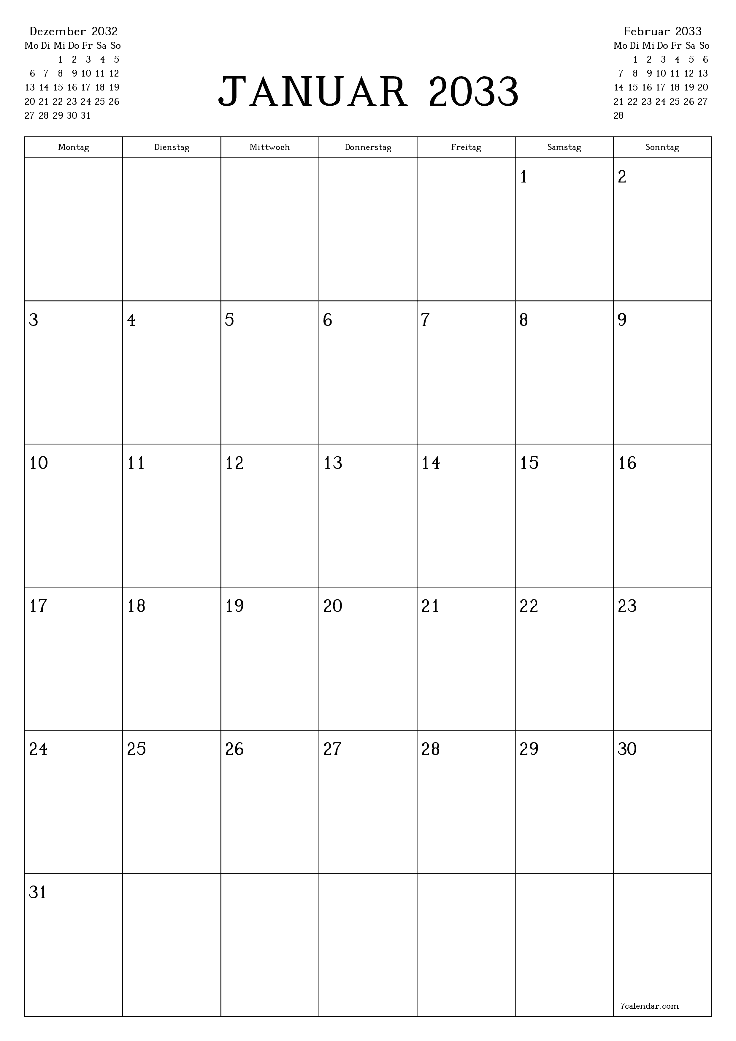  zum Ausdrucken Wandkalender vorlage kostenloser vertikal Monatlich Planer Kalender Januar (Jan) 2033
