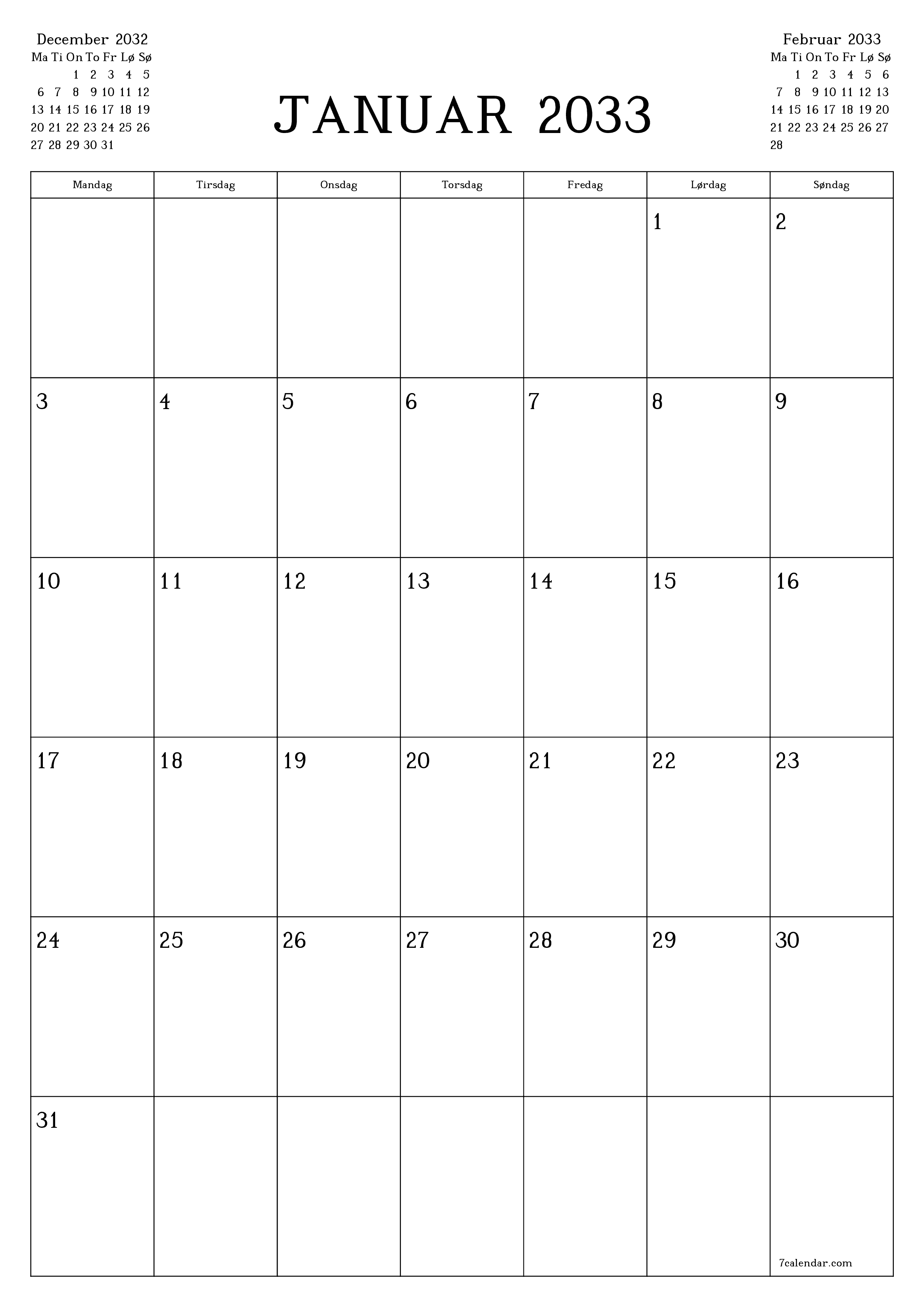 udskrivbar væg skabelon gratis lodret Månedlig planlægger kalender Januar (Jan) 2033
