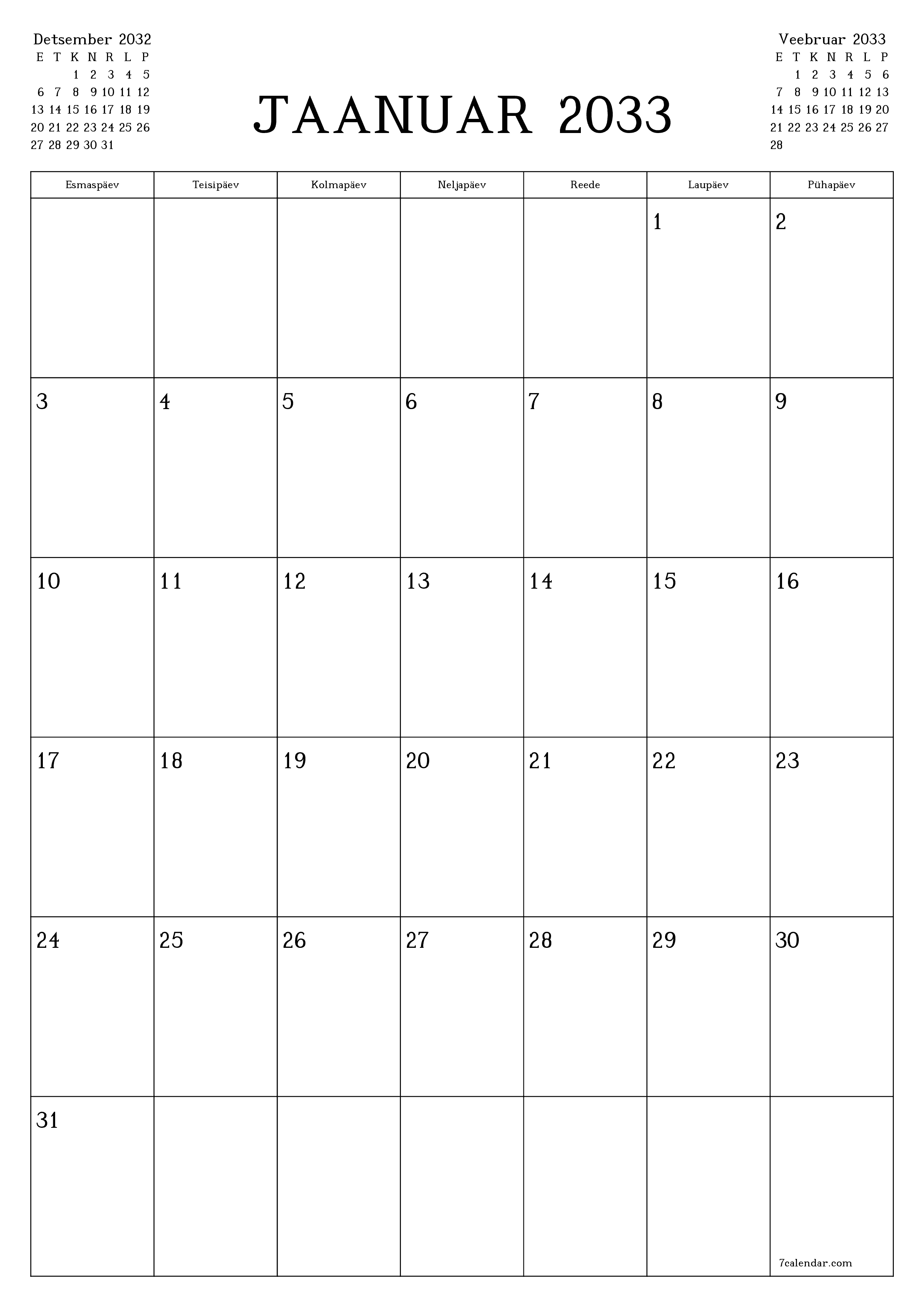 prinditav seina kalendri mall tasuta vertikaalne Igakuine planeerija kalender Jaanuar (Jaan) 2033