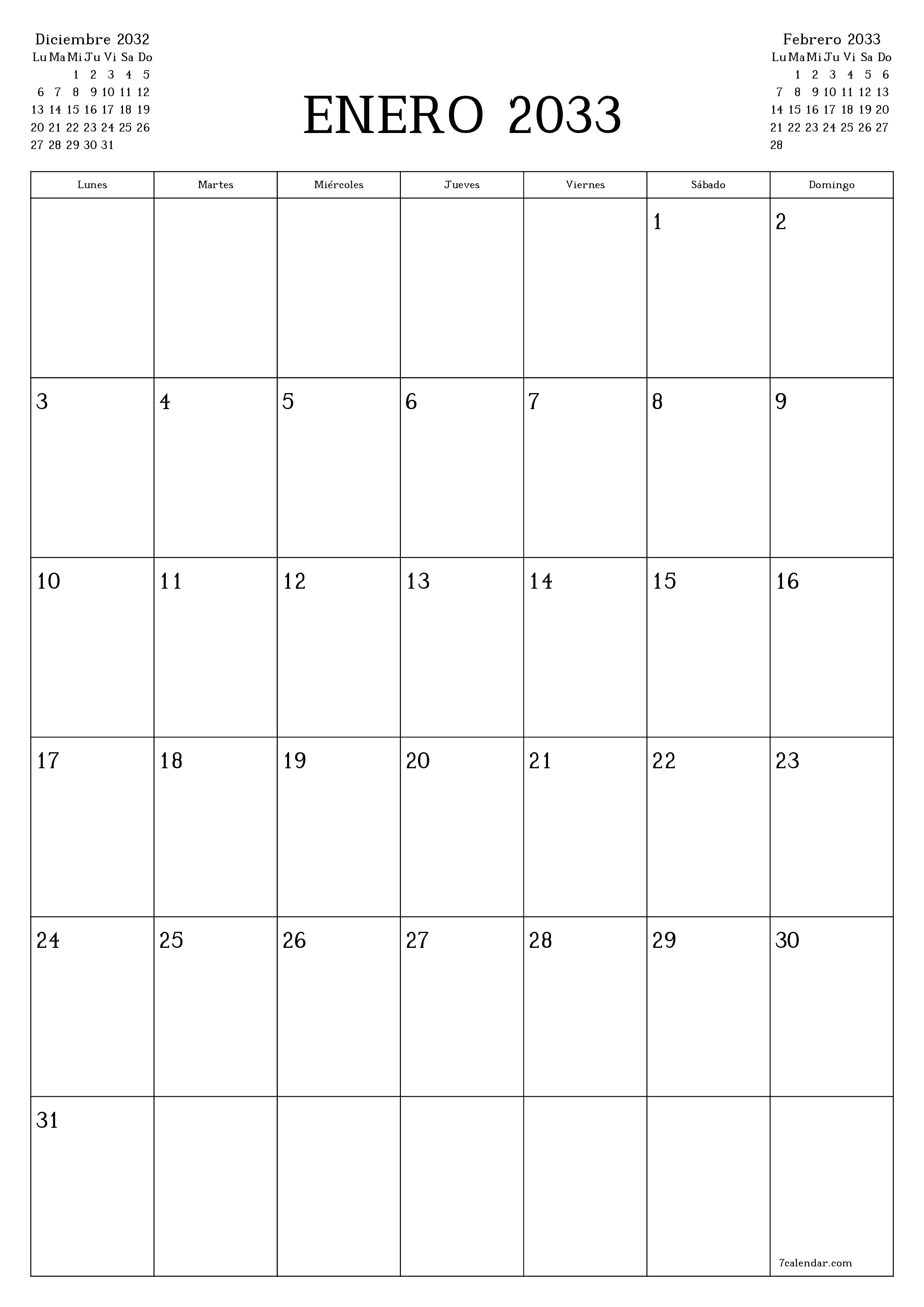  imprimible de pared plantilla de gratisvertical Mensual planificador calendario Enero (Ene) 2033