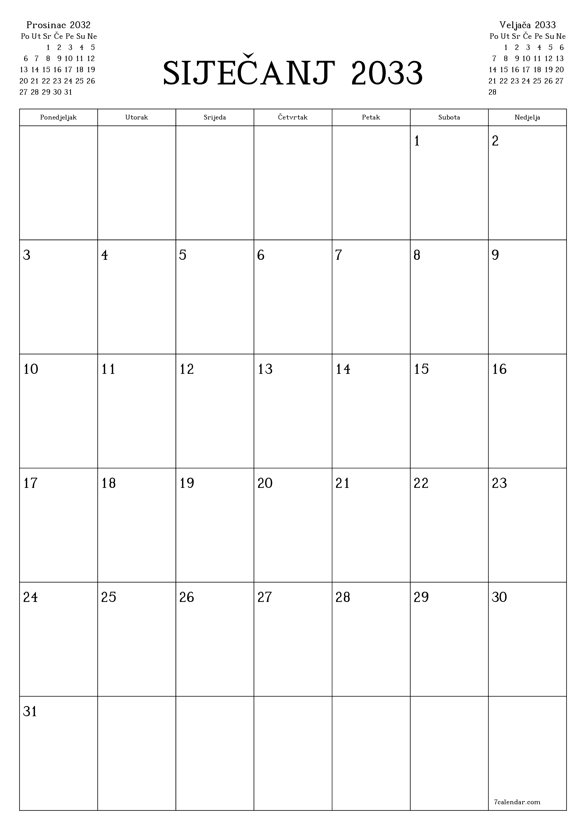  za ispis zidni predložak a besplatni okomito Mjesečni planer kalendar Siječanj (Sij) 2033