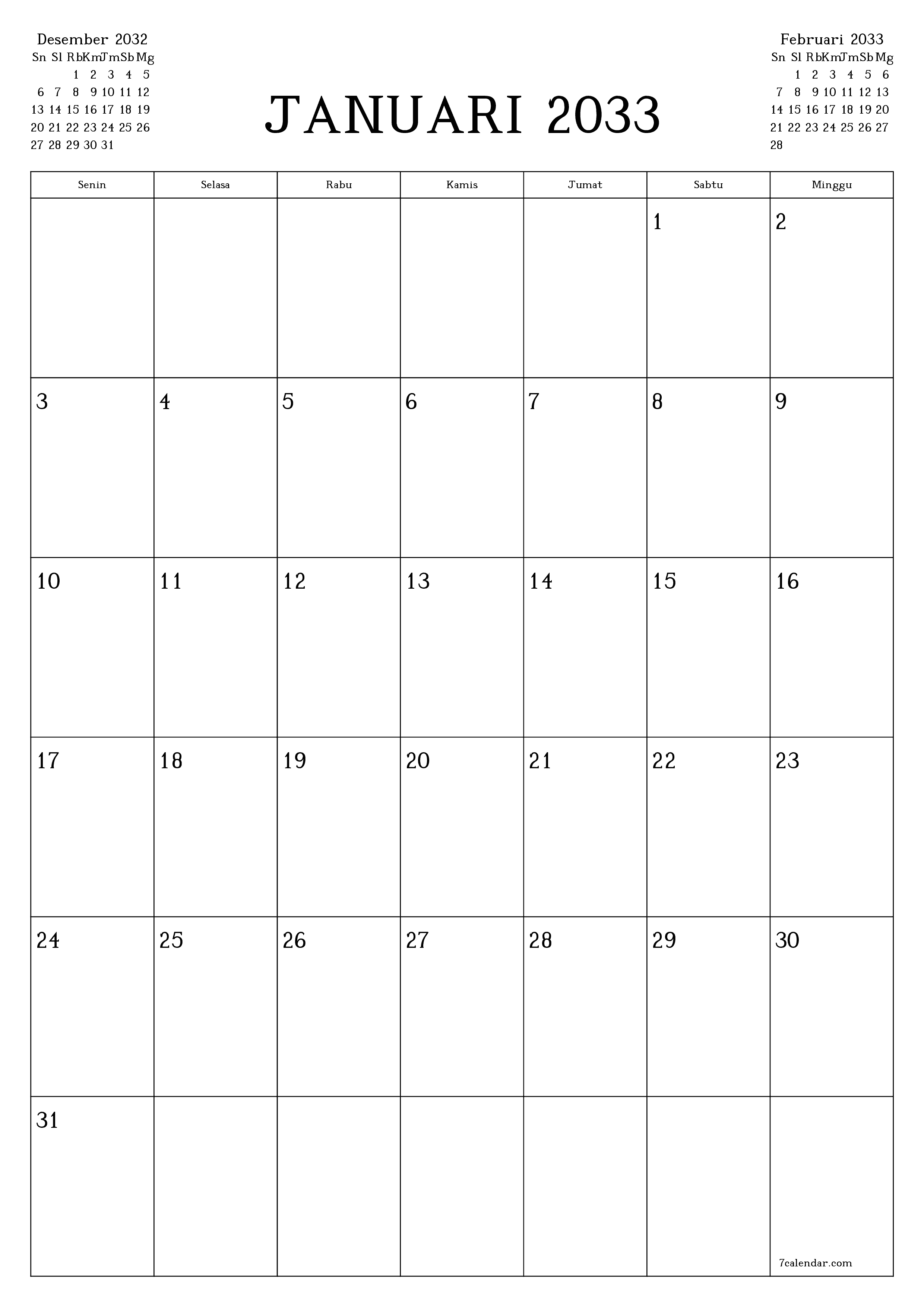 Kosongkan agenda bulanan untuk bulan Januari 2033 dengan catatan, simpan dan cetak ke PDF PNG Indonesian