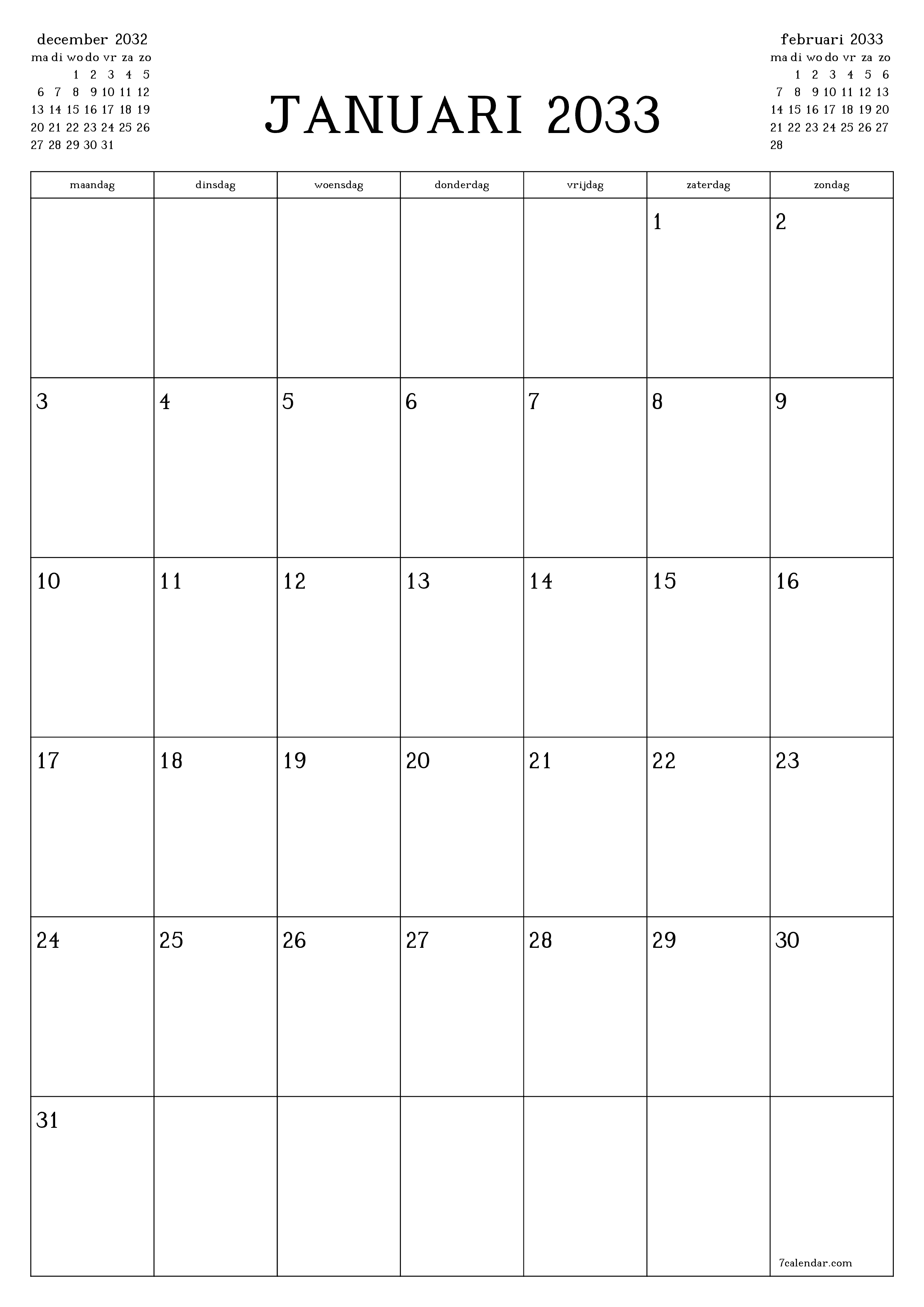 afdrukbare muur sjabloon gratis verticaal Maandelijks planner kalender januari (jan) 2033