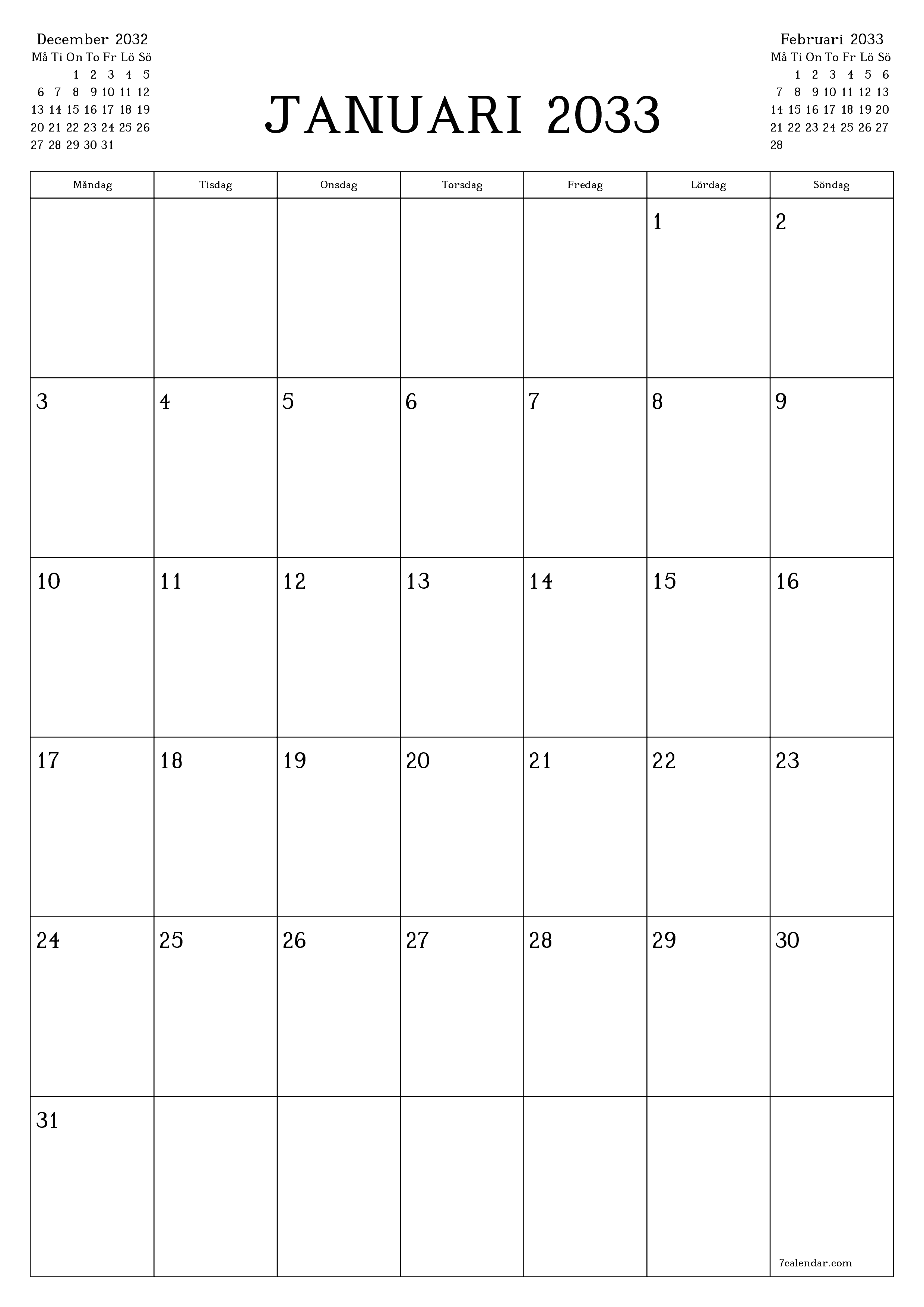 utskrivbar vägg mall gratis vertikal Månatlig planerare kalender Januari (Jan) 2033