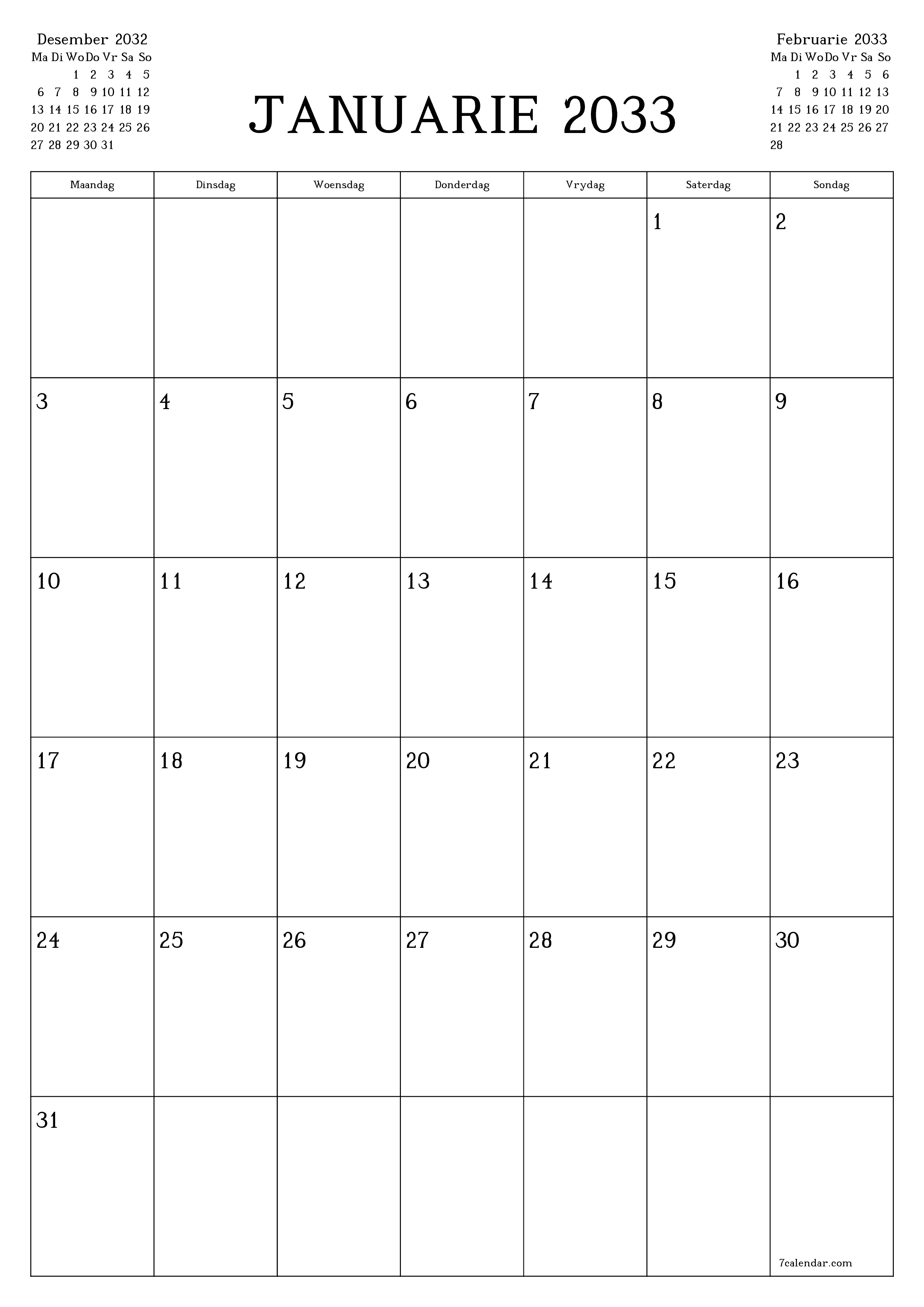 drukbare muur template gratis vertikaal Maandeliks beplanner kalender Januarie (Jan) 2033