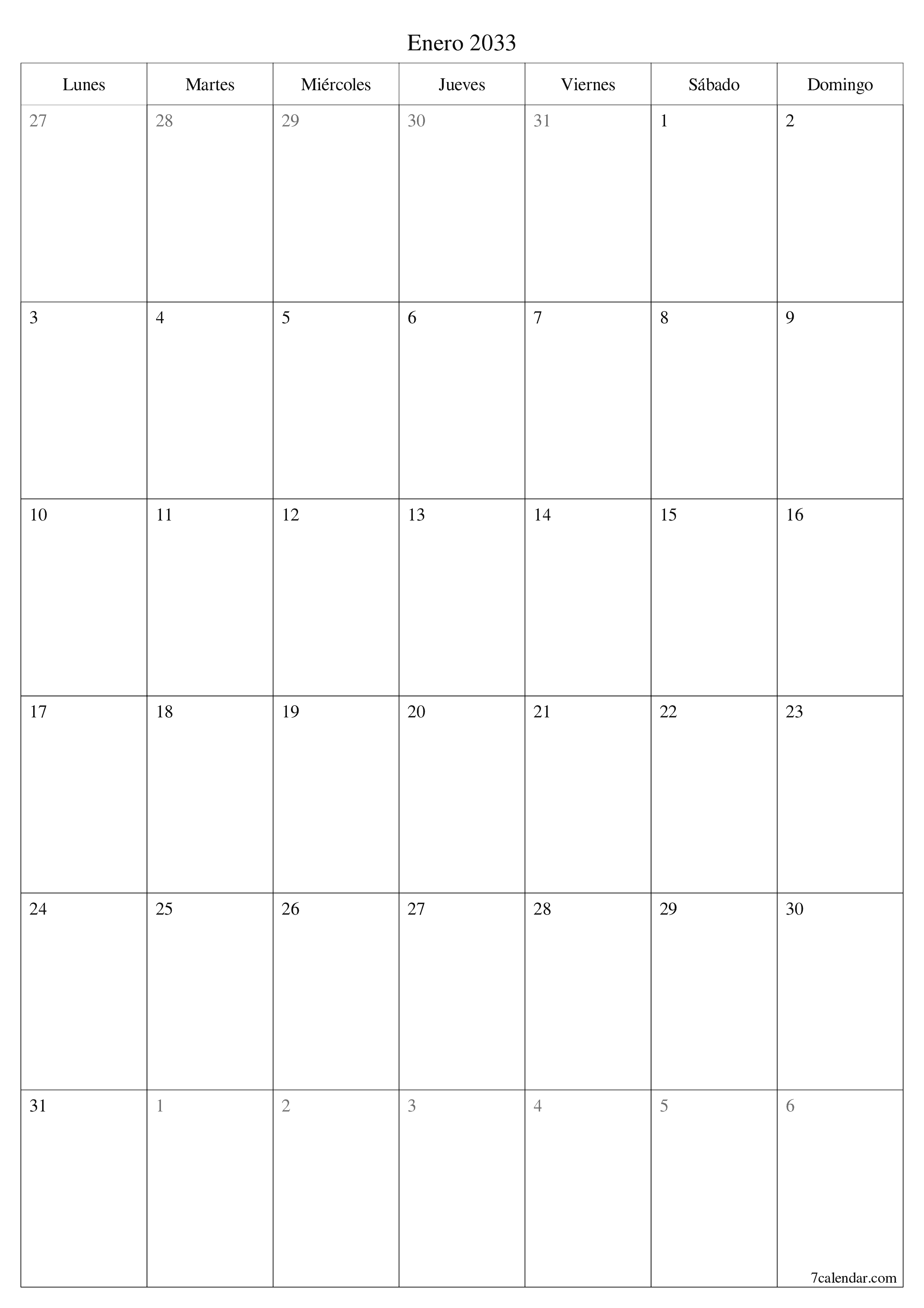  imprimible de pared plantilla de gratisvertical Mensual planificador calendario Enero (Ene) 2033