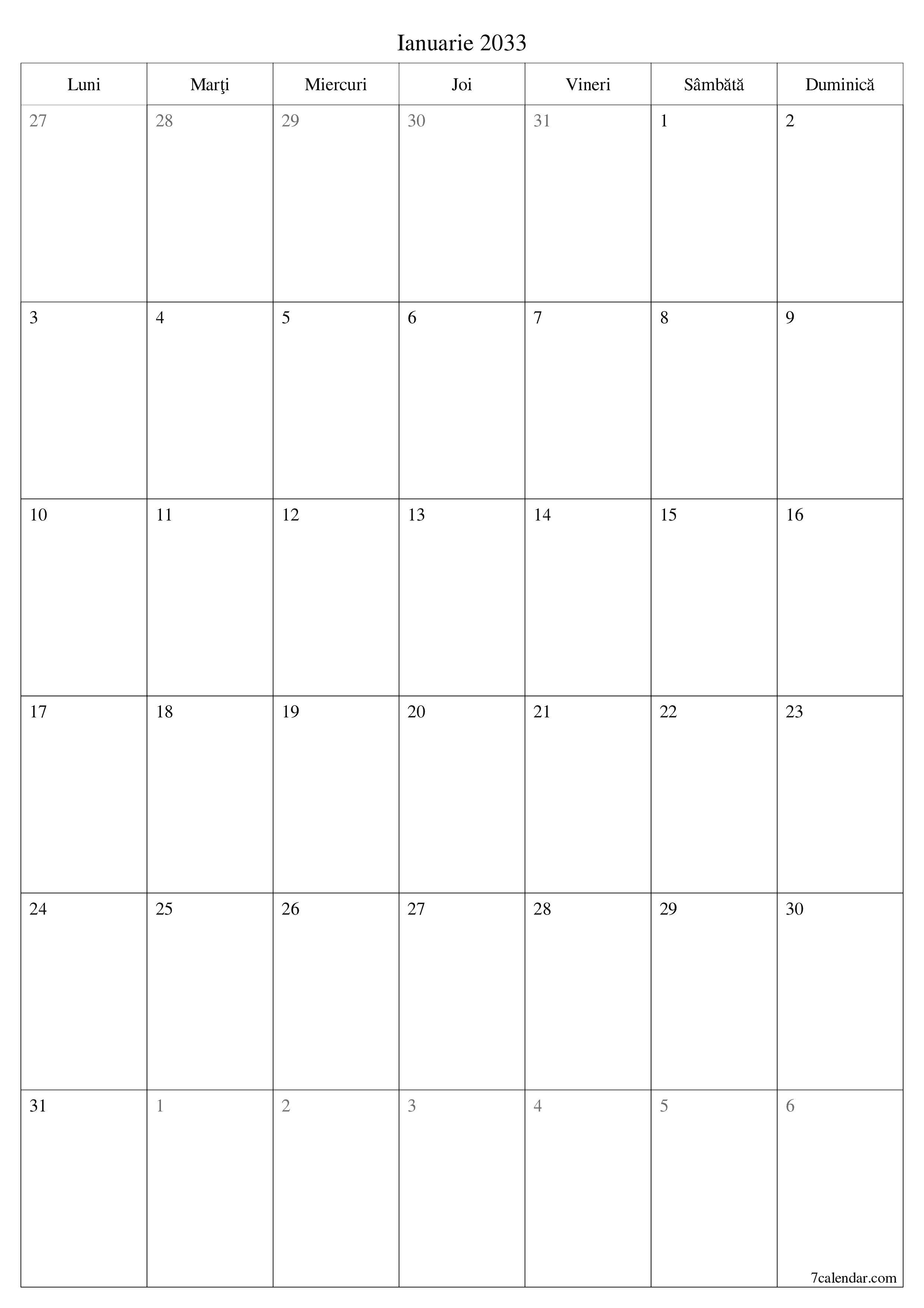  imprimabil de perete șablon de gratuitvertical Lunar planificator calendar Ianuarie (Ian) 2033