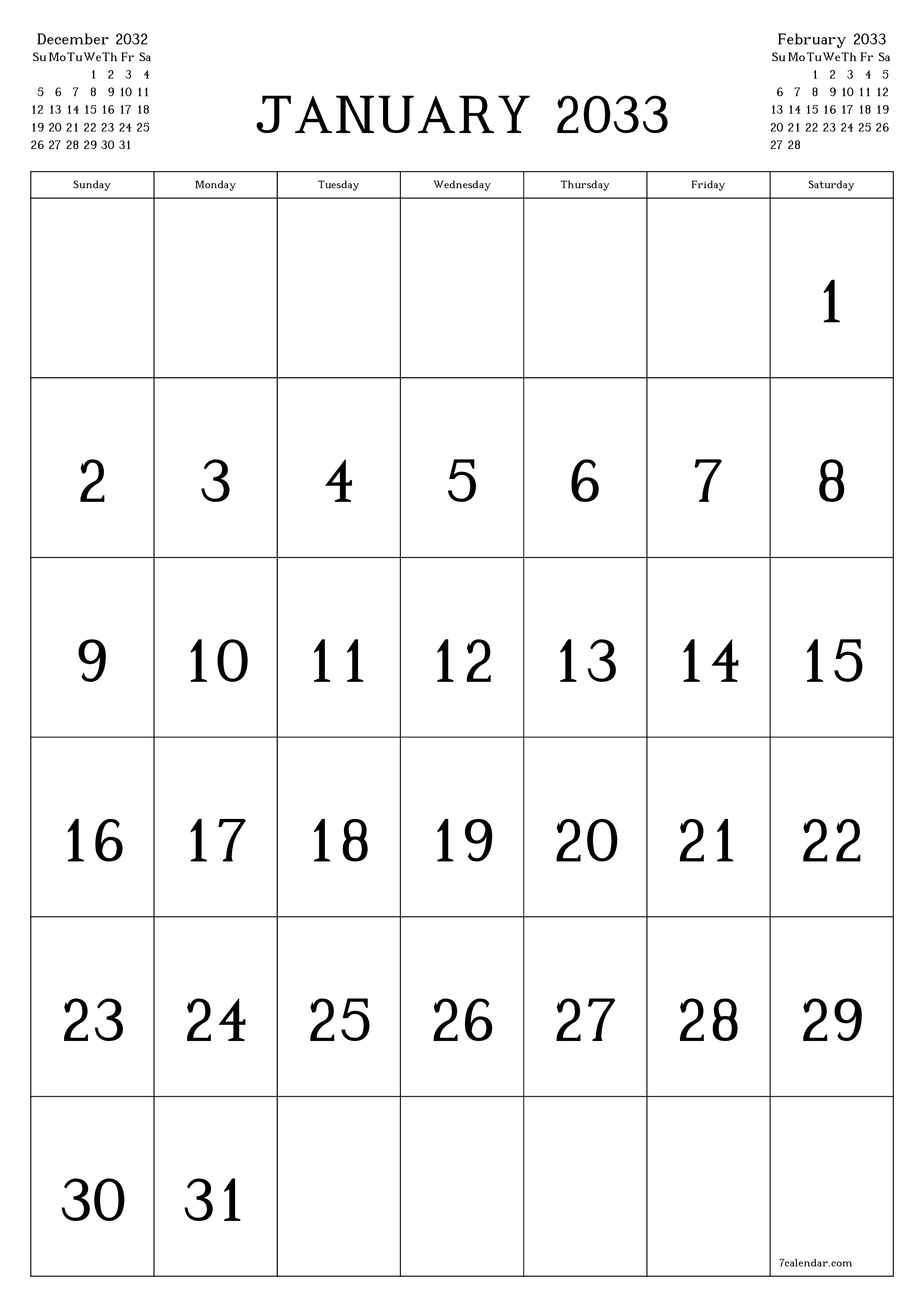 Blank calendar January 2033