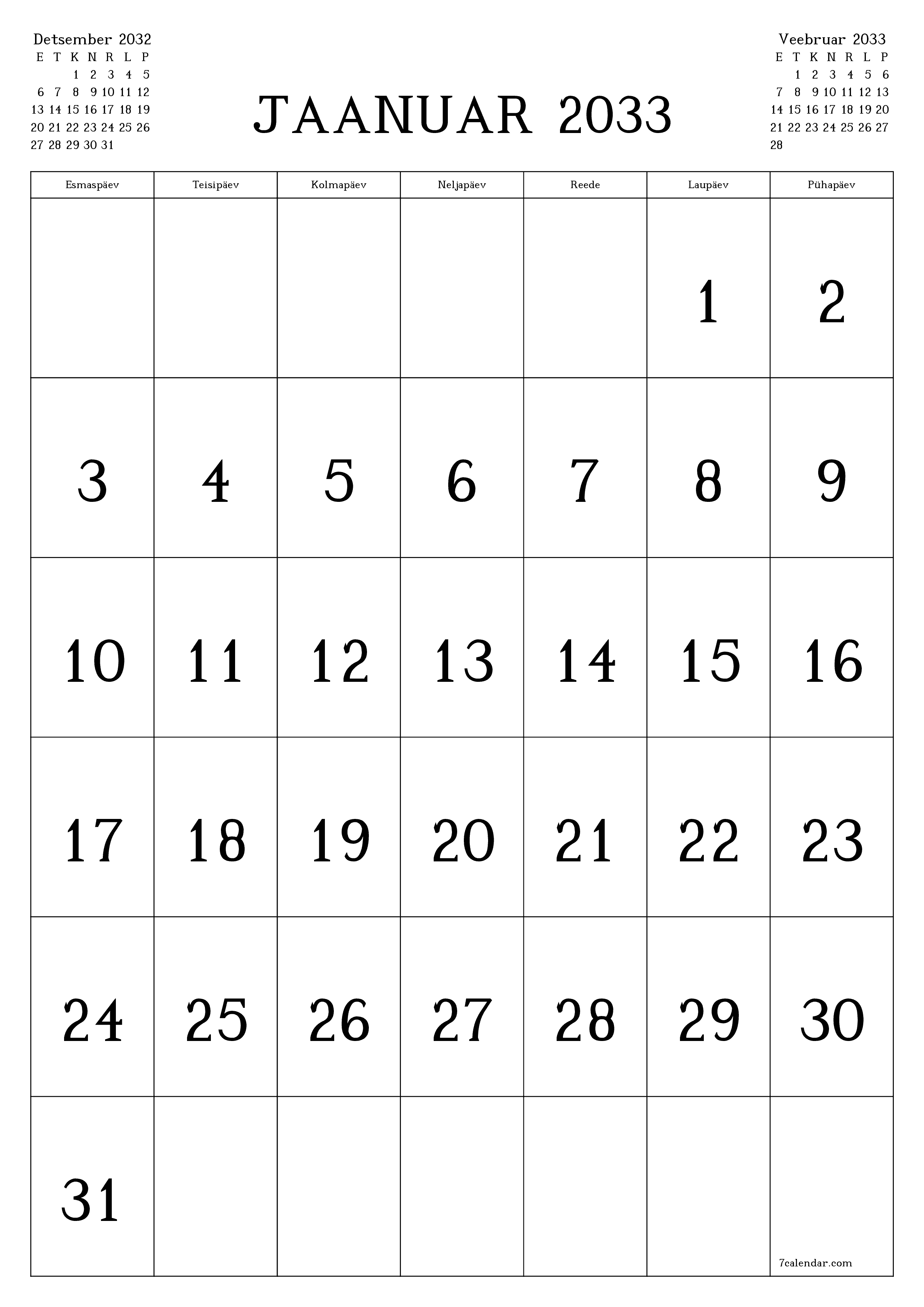 prinditav seina kalendri mall tasuta vertikaalne Igakuine kalender Jaanuar (Jaan) 2033
