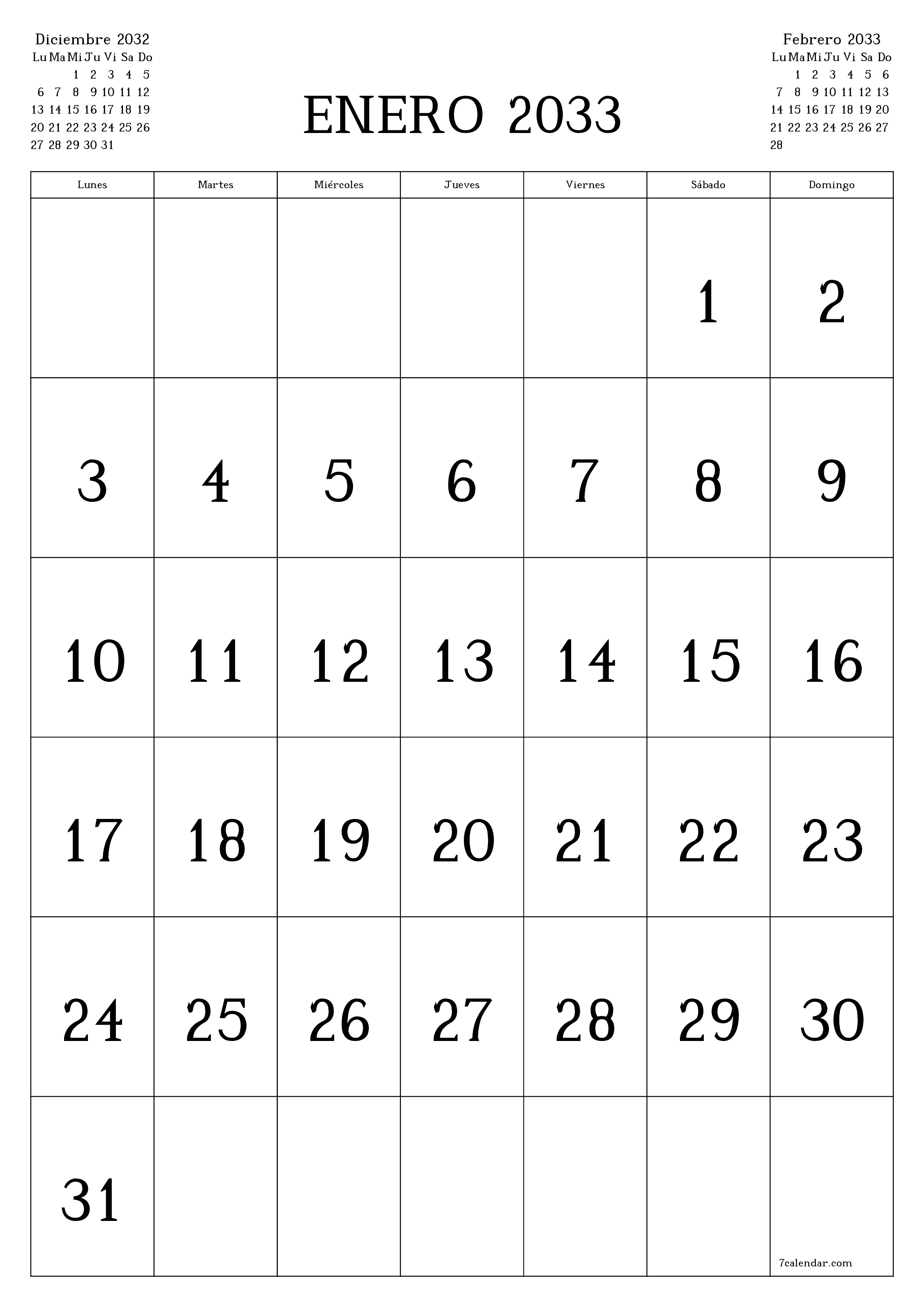  imprimible de pared plantilla de gratisvertical Mensual calendario Enero (Ene) 2033