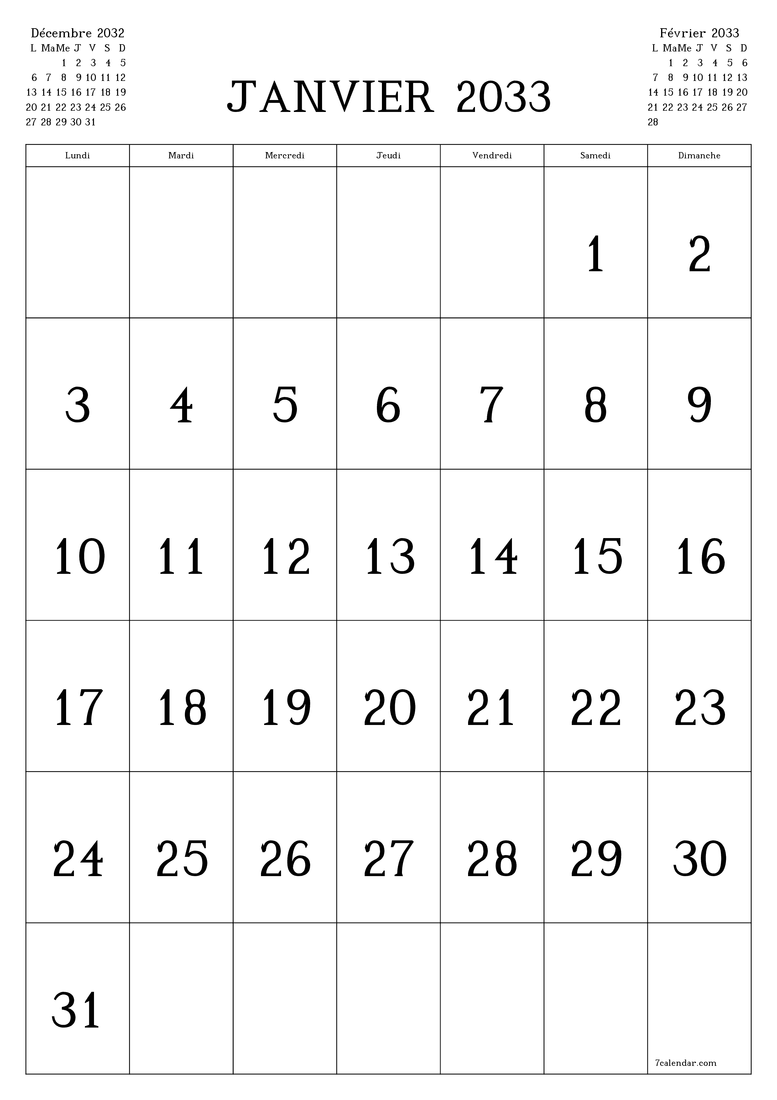  imprimable mural modèle de gratuitverticale Mensuel calendrier Janvier (Jan) 2033