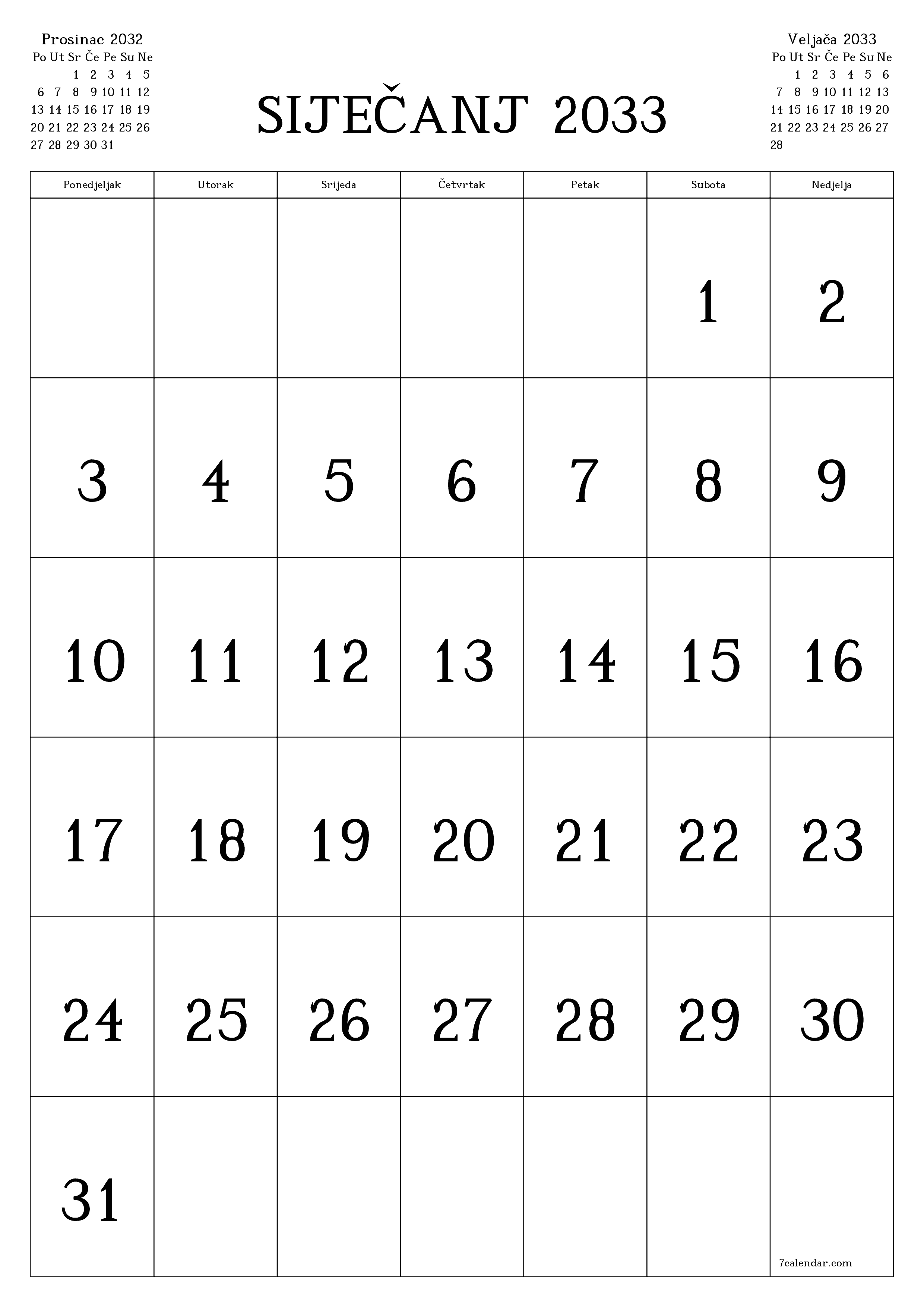 za ispis zidni predložak a besplatni okomito Mjesečni kalendar Siječanj (Sij) 2033