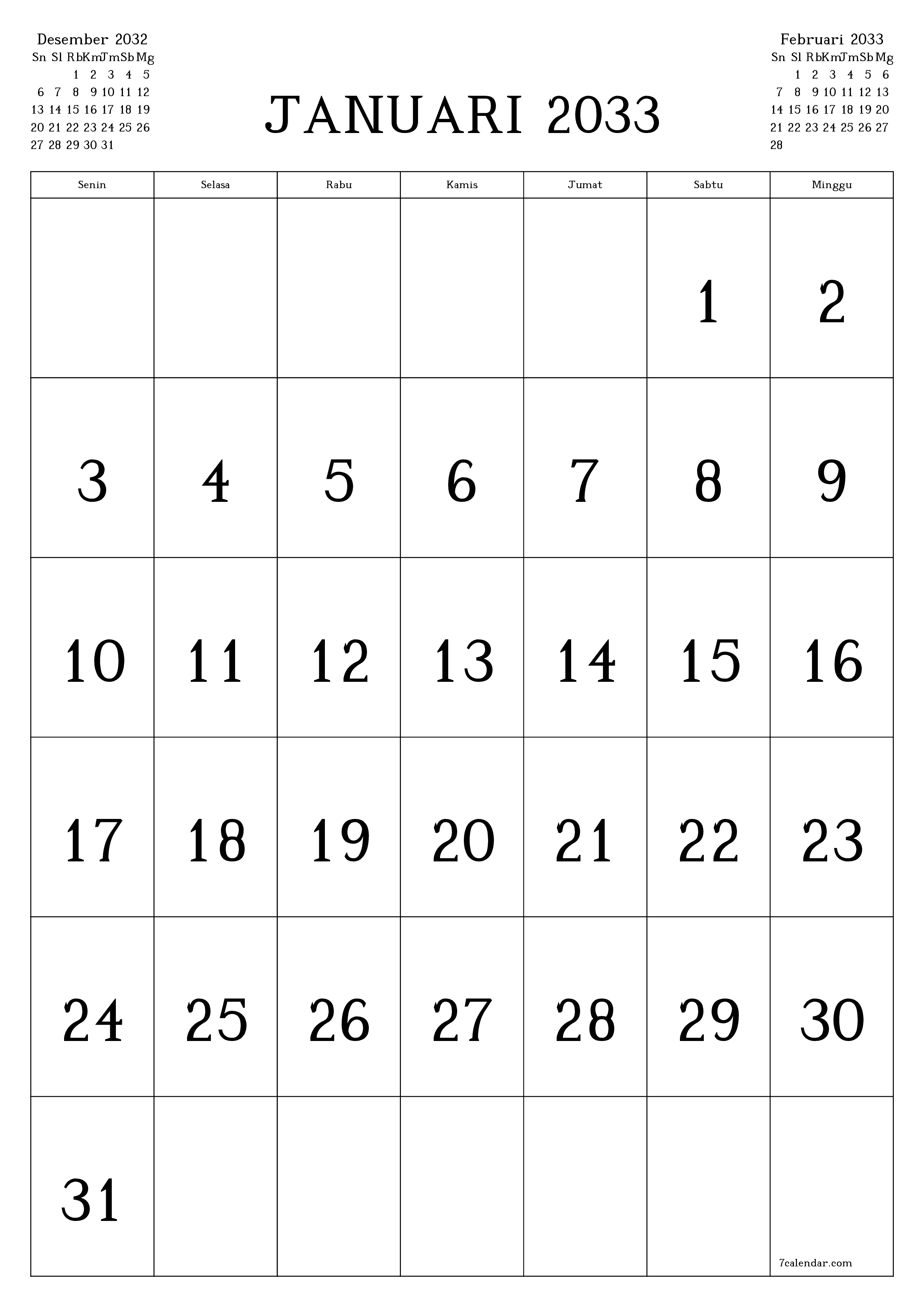  yang dapat dicetak dinding templat gratisvertikal Bulanan kalender Januari (Jan) 2033