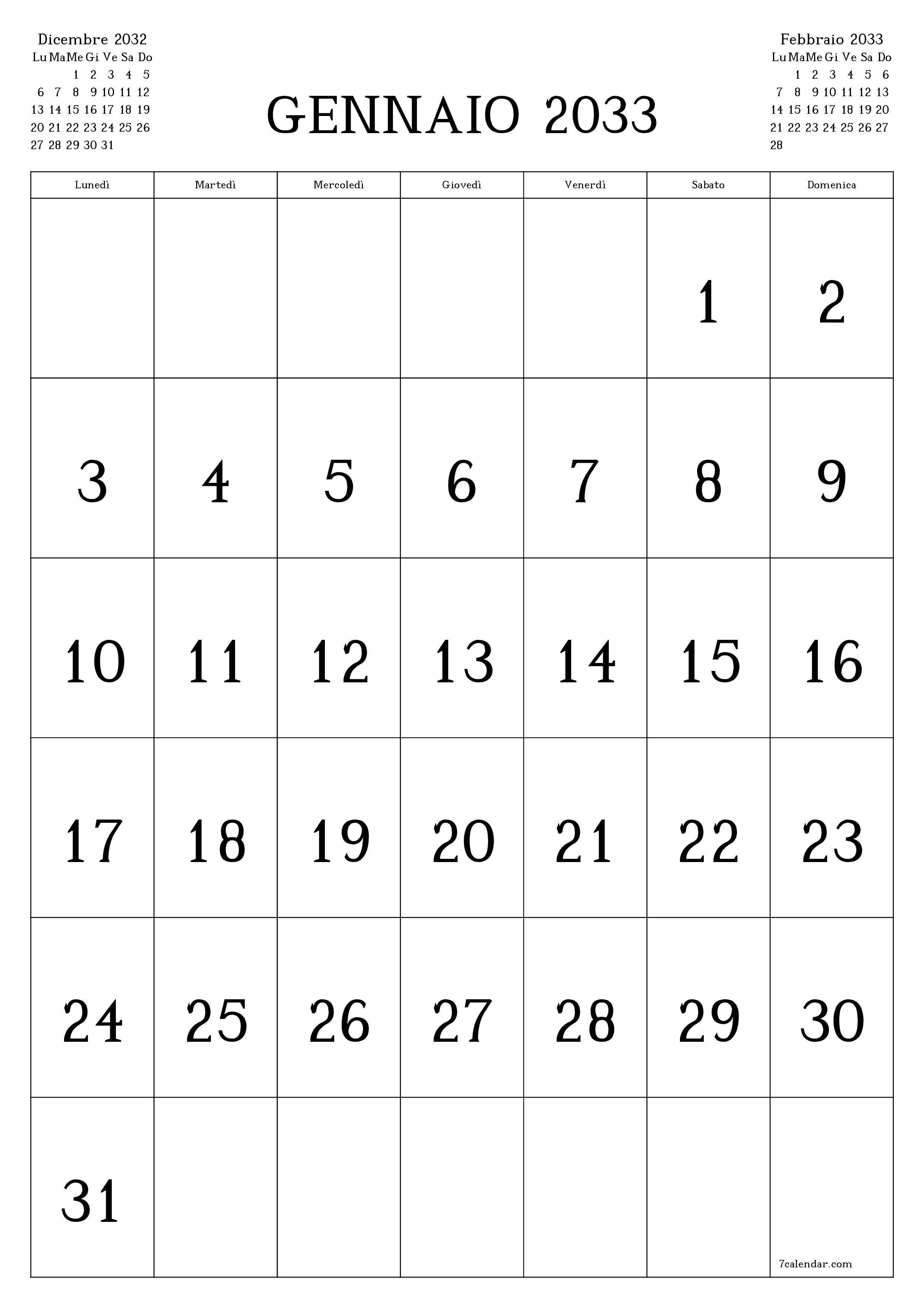  stampabile da parete modello di gratuitoverticale Mensile calendario Gennaio (Gen) 2033