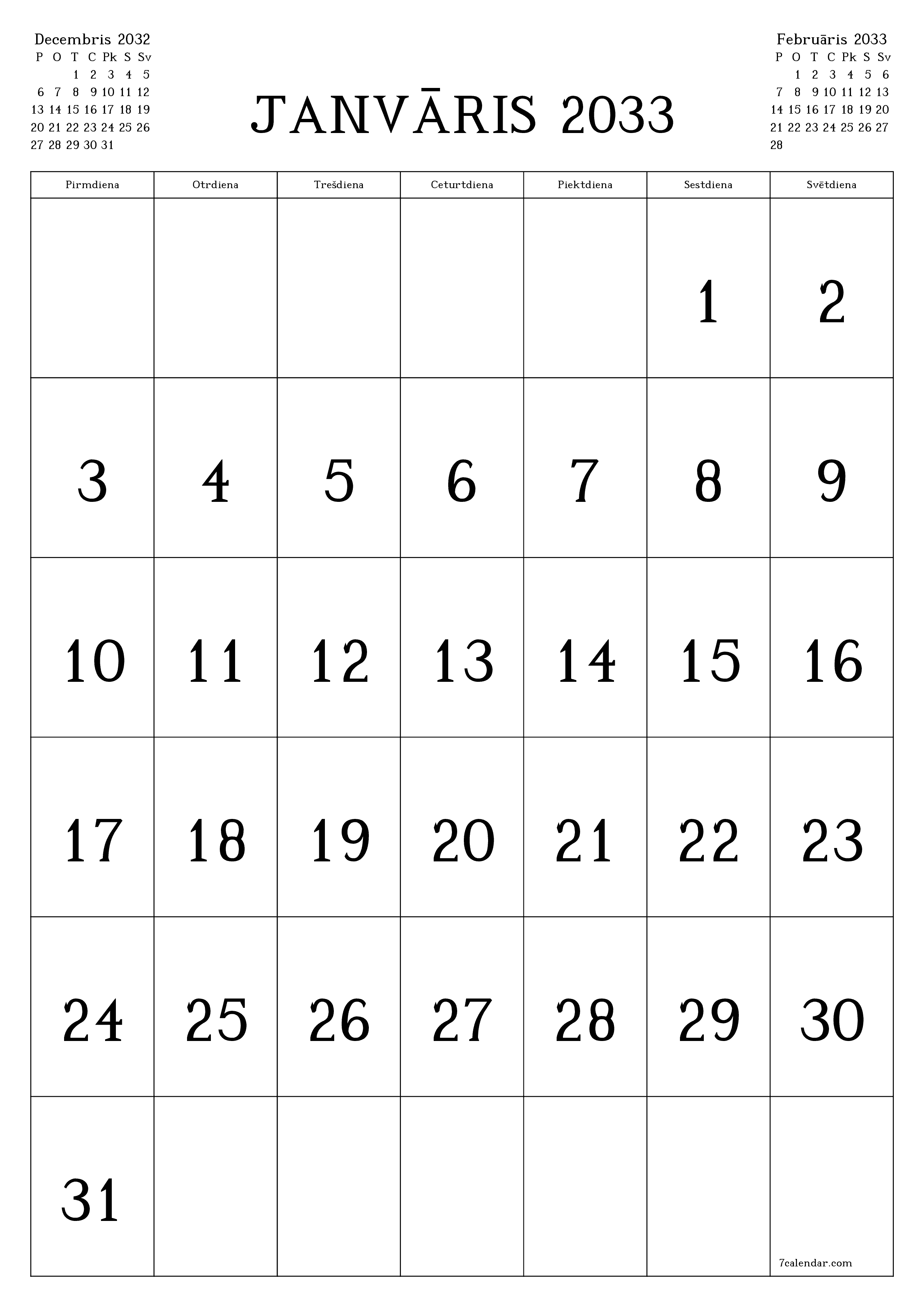 izdrukājams sienas kalendāra veidne bezmaksas vertikāli Mēneša kalendārs Janvāris (Jan) 2033